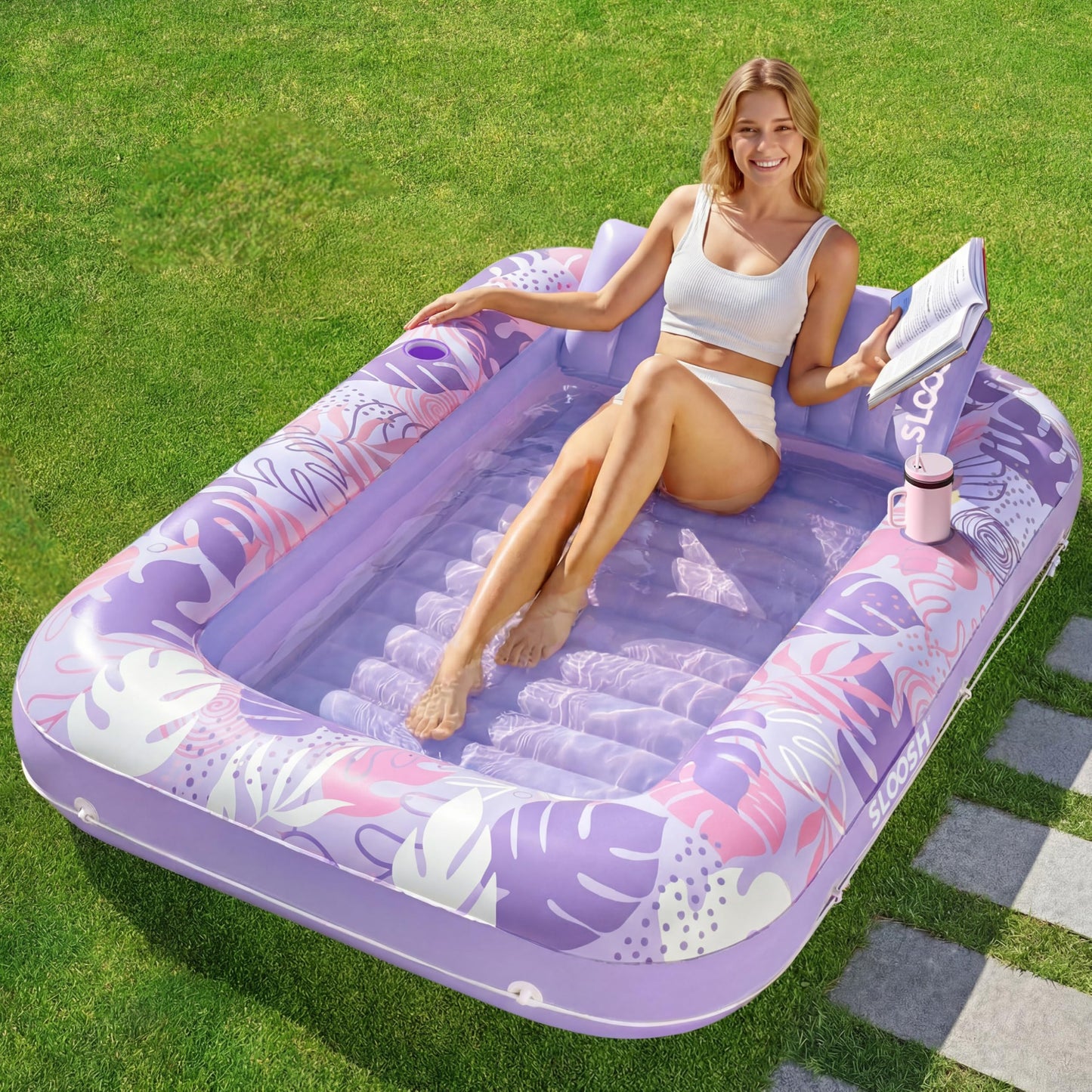 HotSLOOSH Inflatable Tanning Pool Lounger Float, 85" x 57" Extra Large Pool Floats Adult with Pillow, 4 in 1 Suntan Tub Raft Floatie,Sunbathing Bed Lounge for Water Blow Up Ball Pit Party Gifts, XL-Blue