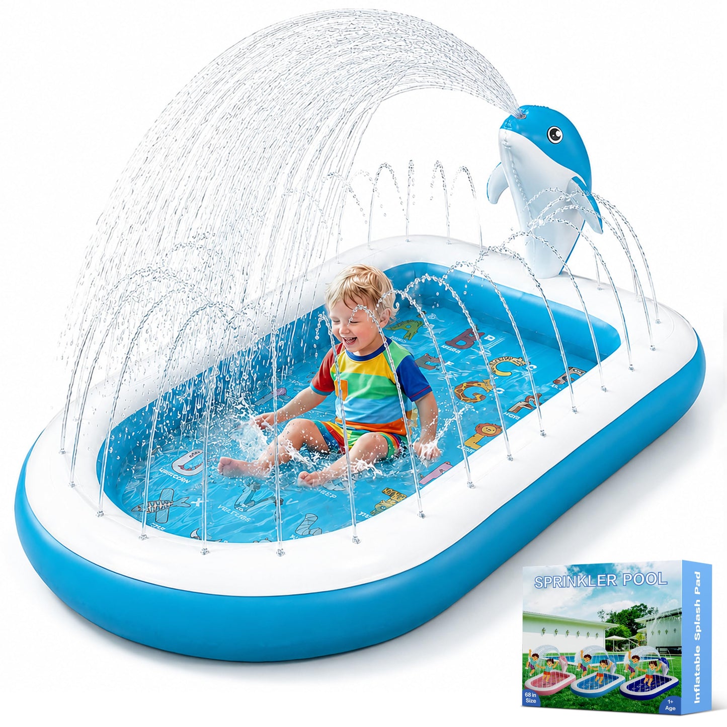 HotSplash Pads for Toddlers 1-3, Dolphin Toy Sprinkler for Kids, Outdoor Play Mat for Babies, 68" Backyard Inflatable Kiddie Pool, Splash Pad for Kids Ages 4-8, Birthday Gifts for 1 Year Old Boy Girl