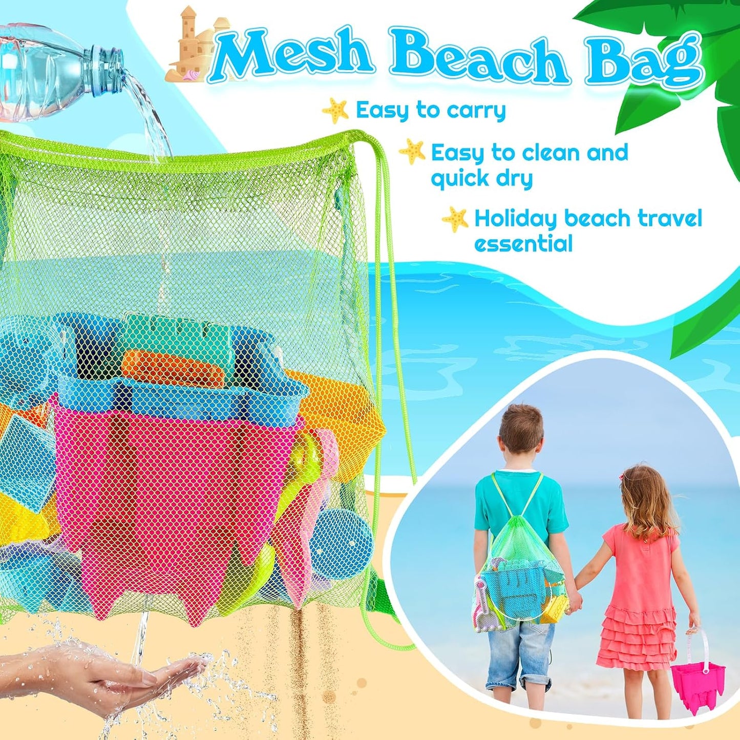 Hot FUSPWEAO Beach Toys Sand Toys for Kids, Sand Castle Toys for Beach with 2 Castle Bucket and Mesh Bag, Sand Molds, Shovels and Rakes, Sandbox Toys for Toddlers, Travel Beach Toys for Kids 3-10