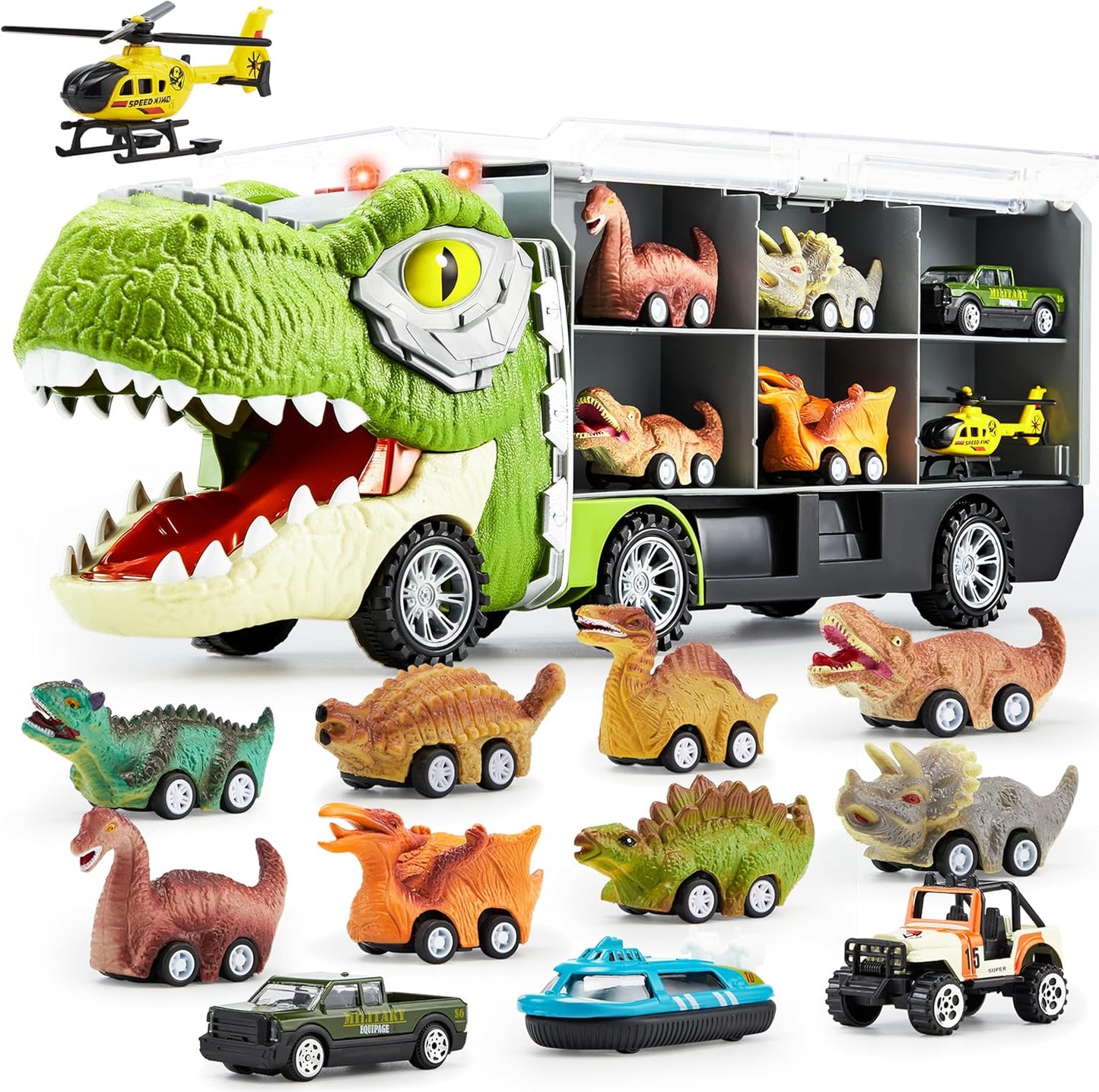HotJOYIN 13 in 1 Dinosaur Toys for Kids 3-5, Transport Dinosaur Carrier Truck with 12 Pull Back Cars, Toddler Toys 3-4， Birthday Gifts for 3 4 5+ Year Old Boys
