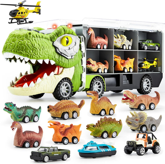HotJOYIN 13 in 1 Dinosaur Toys for Kids 3-5, Transport Dinosaur Carrier Truck with 12 Pull Back Cars, Toddler Toys 3-4， Birthday Gifts for 3 4 5+ Year Old Boys