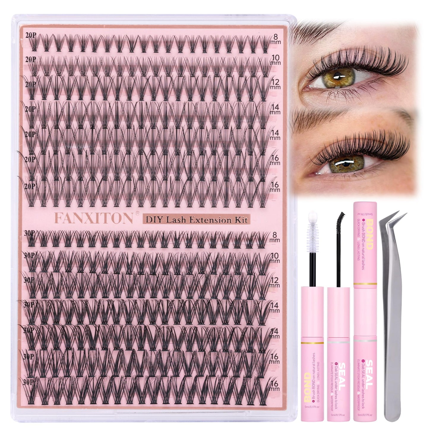 HotFANXITON DIY Individual Eyelash Extension Kit, Thick Volume Lash Clusters 40D+50D D Curvature, 280 Pieces Thin Band Cluster Lashes with Bond and Seal Tweezers