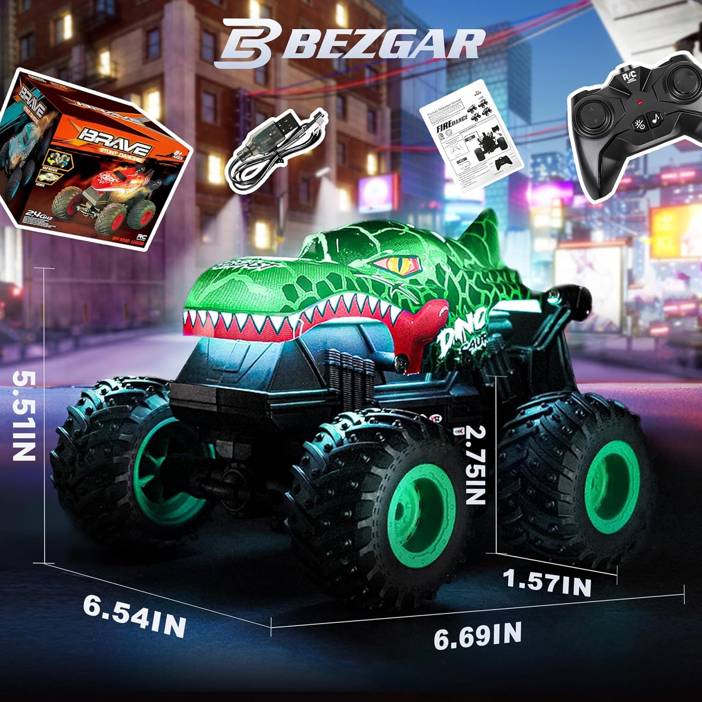 HotBEZGAR Monster Truck Toys - Remote Control Monster Truck with Light & Music, Dinosaur Toys for Kids, 1:20 Scale RC Truck with 360° Spins and Drifting, Remote Control Car for Boys 4-7