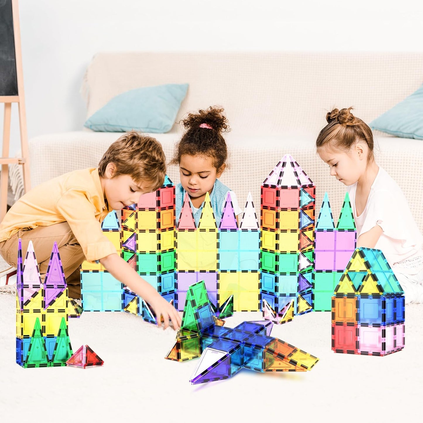 HotPicassoTiles 100 Piece Magnetic Tiles, Clear 3D Building Blocks for Kids 3+ | No-limit scalable builds, hands-on magnet polarity fun, family group play, quick assemble & store, shape & color recognition