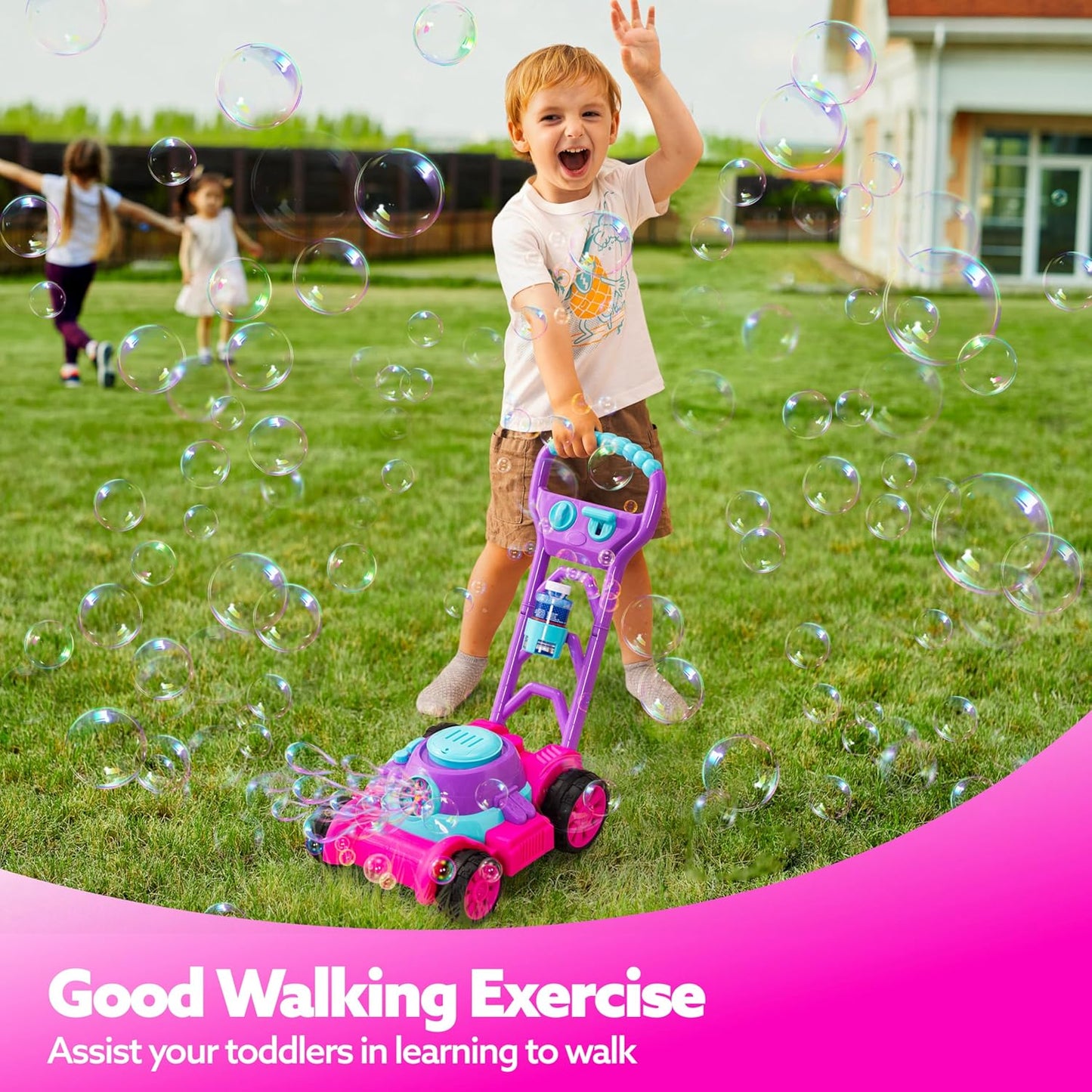 Hot SLOOSH Bubble Lawn Mower Toddler Toys - Spill-Proof Bubble Machine Pretend Gardening Toy for Age 1 2 3 1-3 Year Old Toddler Indoor Outdoor Use, Baby Girl Push Toys Easter Birthday Gift (Pink)