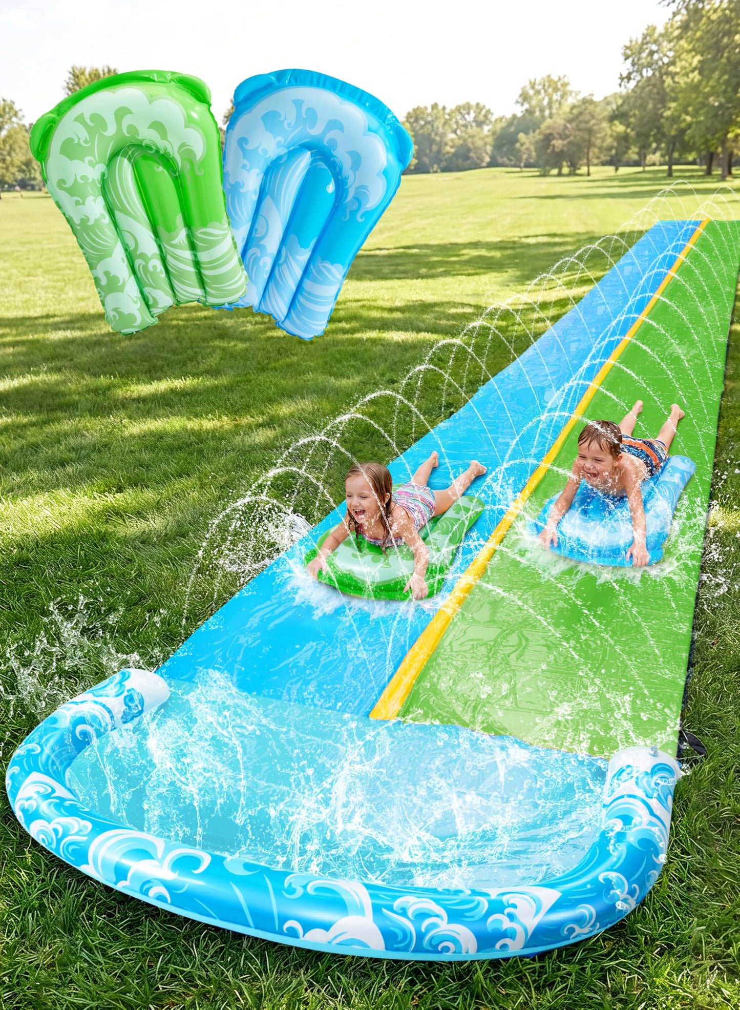HotJOYIN 22.5ft Water Slides and 2 Bodyboards, Lawn Water Slide Summer Slip Waterslides Water Toy with Build in Sprinkler for Backyard Outdoor Water Fun for Kids