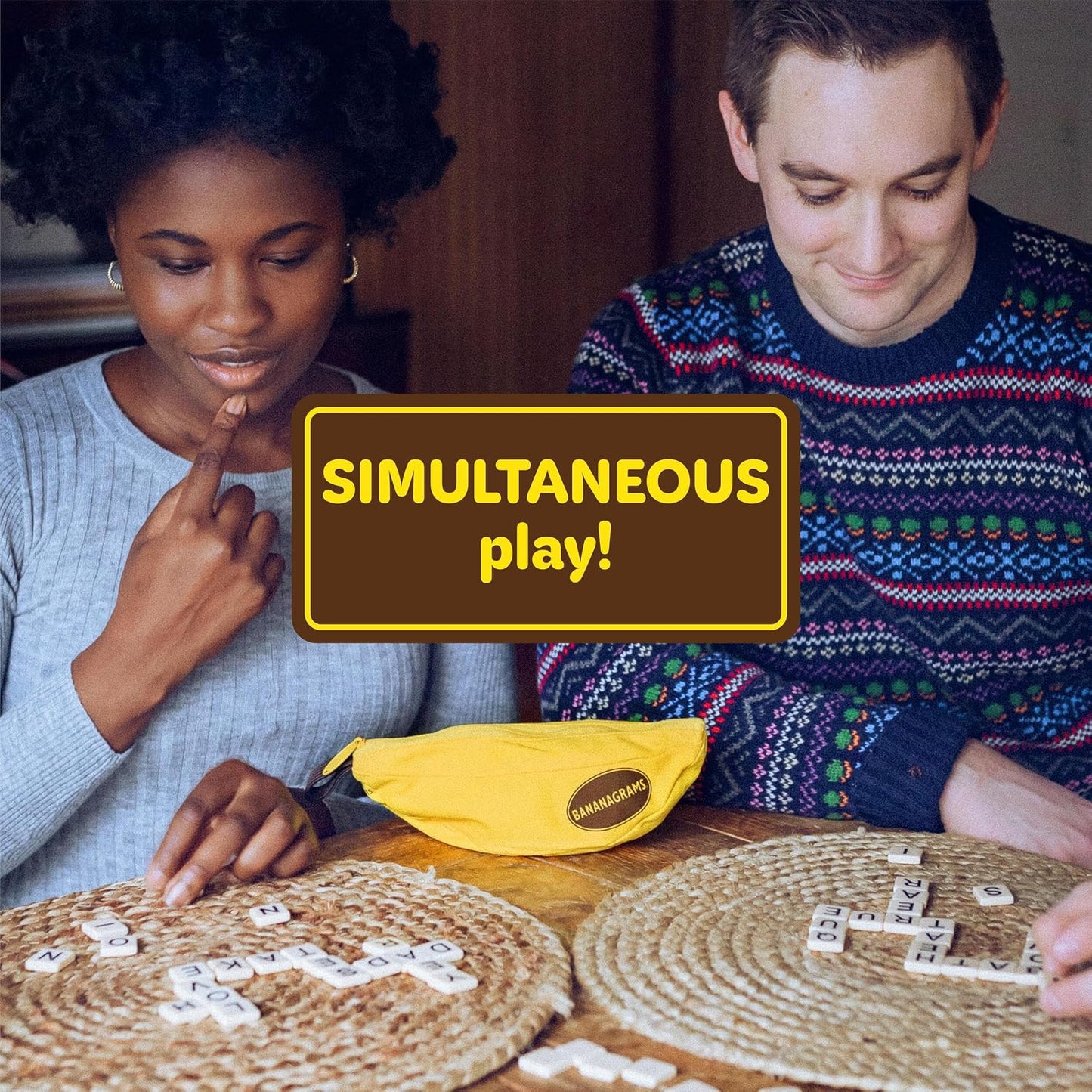 HotBananagrams Classic Word Game, 144 Tiles in Banana Pouch, Travel Game | Fast-paced spelling & anagram game for 1-8 players; portable pouch, educational wordplay for kids and adults ages 7+