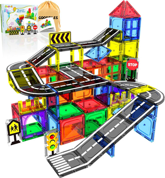 Hot Magnetic Tiles - Road Set, Magnetic Building Blocks, Preschool Montessori Toys Gift for 3+ Year Old Boys and Girls, Sensory Christmas Toys for Kids Aged 3-5 and 4-8, Ideas for Toddler with Autism