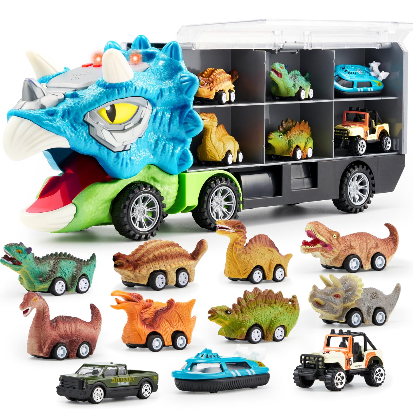 HotJOYIN 13 in 1 Dinosaur Toys for Kids 3-5, Transport Dinosaur Carrier Truck with 12 Pull Back Cars, Toddler Toys 3-4， Birthday Gifts for 3 4 5+ Year Old Boys
