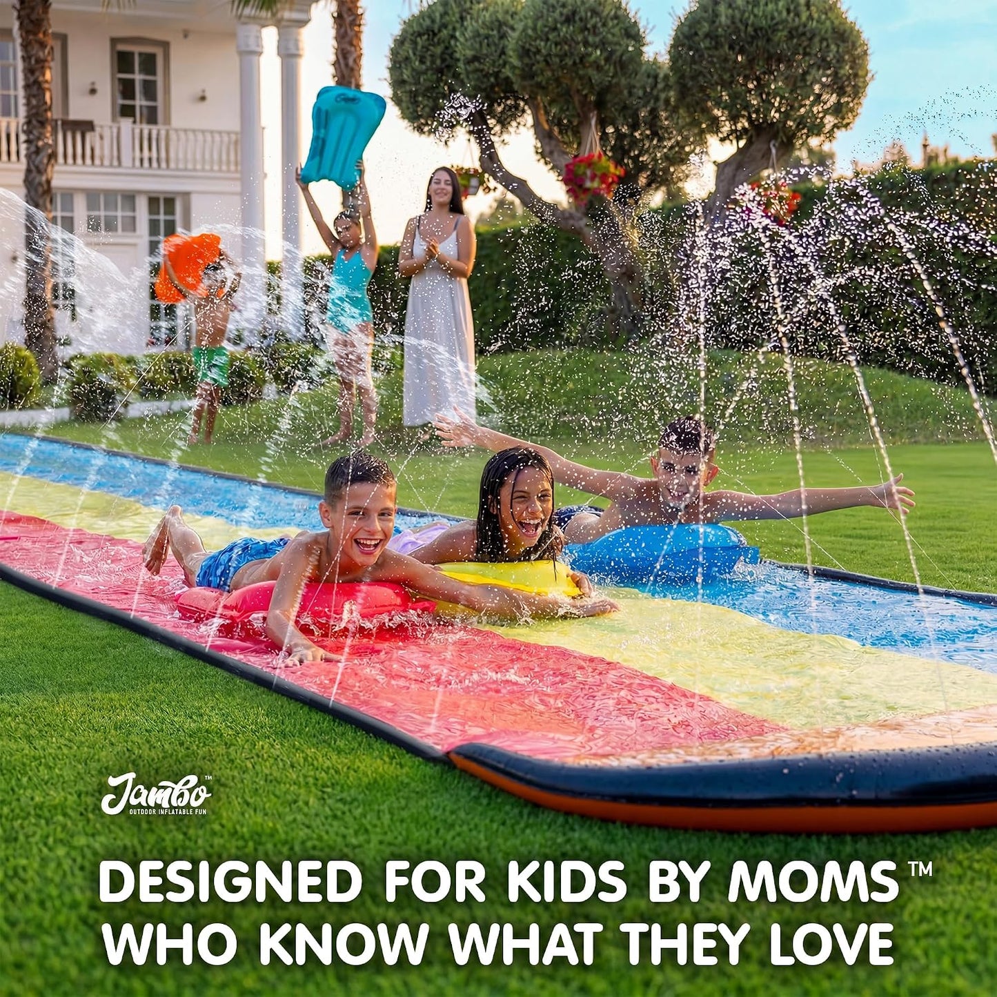 HotJAMBO Premium Triple Water Slide with 3 Bodyboards, 20Ft Heavy Duty Slip Splash and Slides-Advanced 3-Way Sprinkler System, Splash Pad Mat Backyard Summer Outdoor Water Toys n Long Slides for Kids