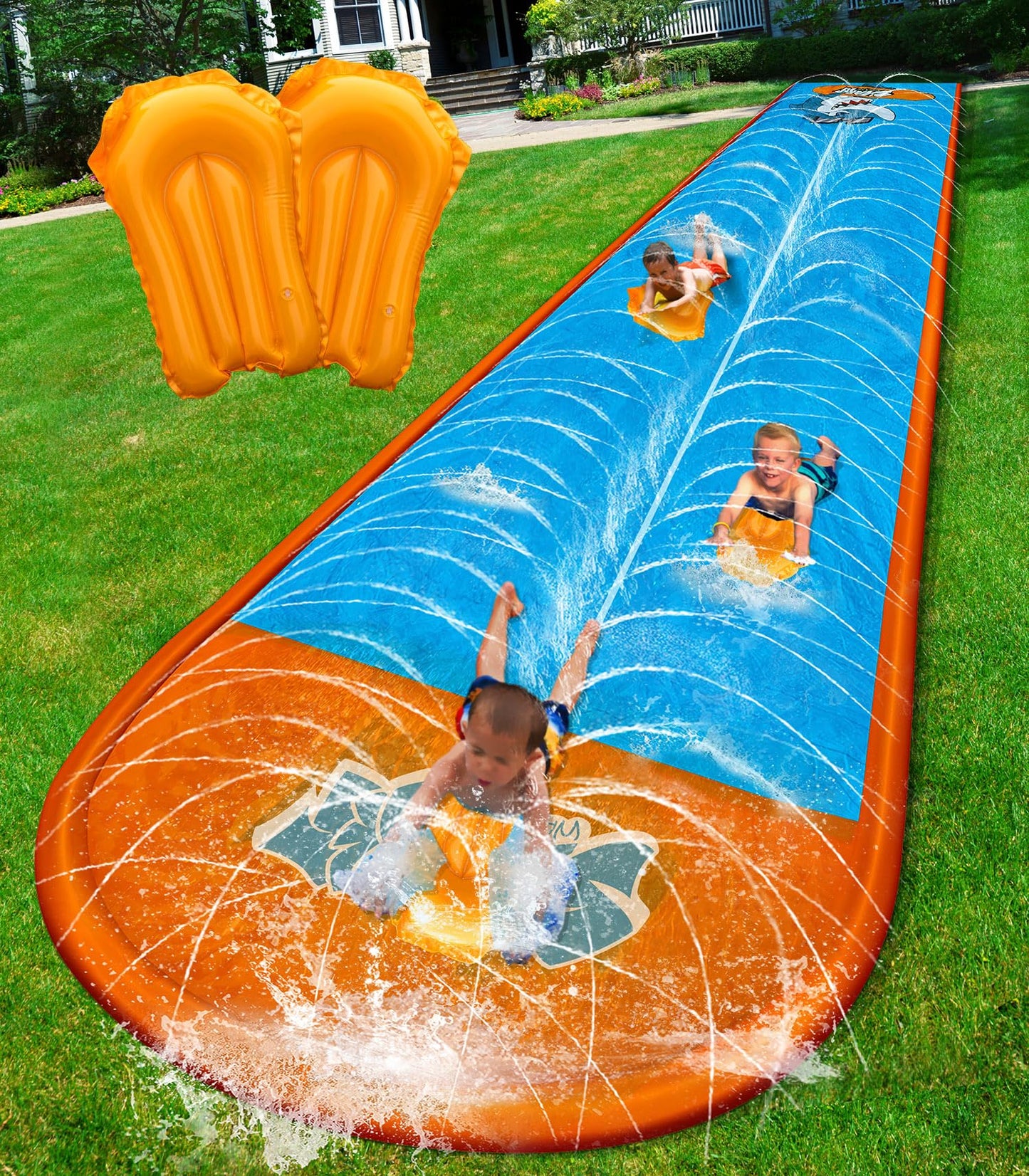 Hot Spring Water Slip and Water Slide, 22ft *2 Lanes Slip Water Slides for Kids Backyards Ages 5-8 8-12 with Sprinkler and Inflatable Bodyboards, Summer Water Fun Toy for Outdoor Lawn Games Play