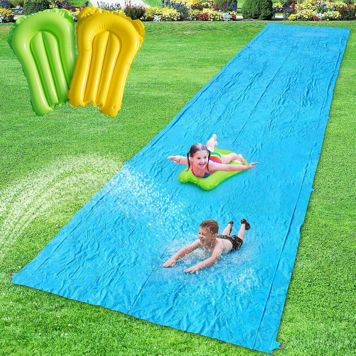 Hot 40FT Slip Lawn Water Slide, Giant Slip, Splash and Slide for Kids Teens and Adults - Summer Slip Water and Slides Heavy Duty for Outdoor Backyard Lawn Summer Party with 14 Stakes and 2 Bodyboards