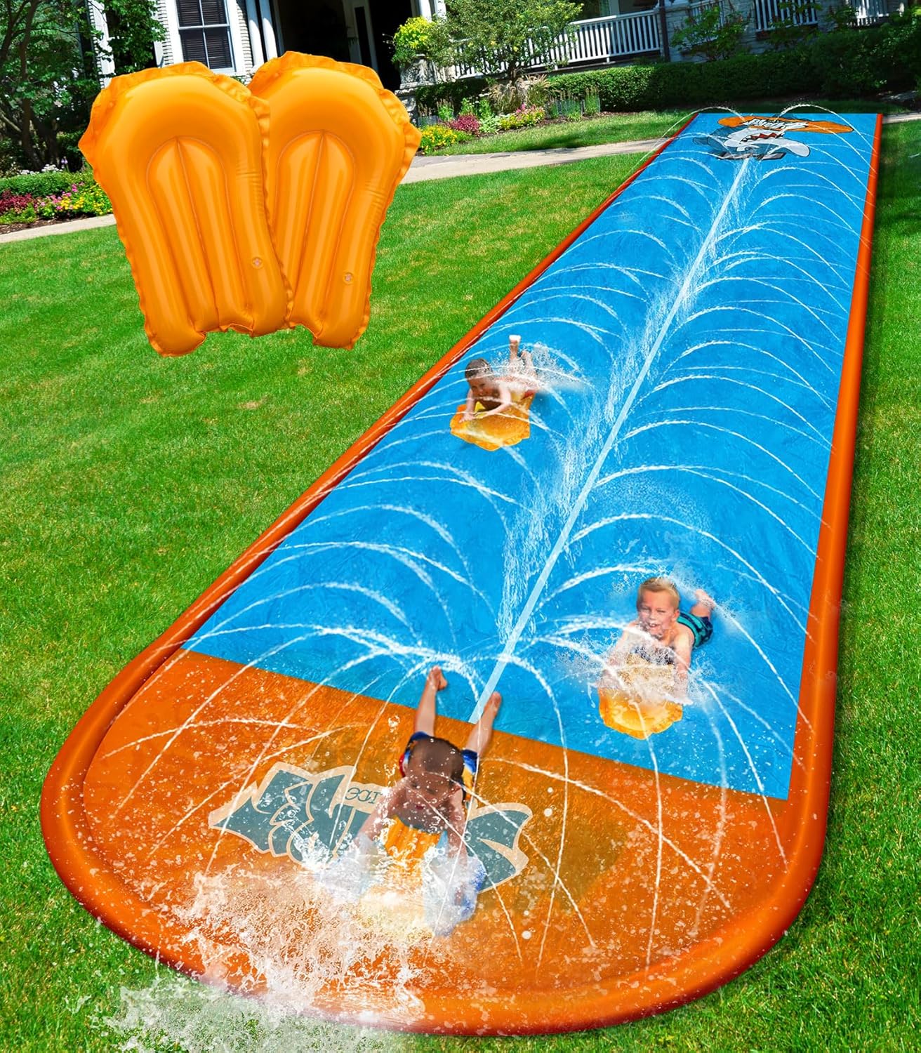 Hot Spring Water Slip and Water Slide, 22ft *2 Lanes Slip Water Slides for Kids Backyards Ages 5-8 8-12 with Sprinkler and Inflatable Bodyboards, Summer Water Fun Toy for Outdoor Lawn Games Play