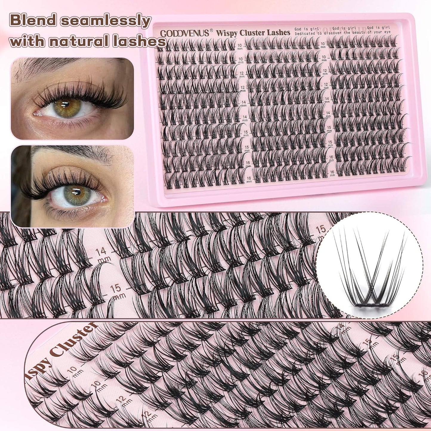 HotGoddvenus Lash Clusters Kit Wispy Eyelash Clusters Lashes Natural DIY Lash Extension Kit 10-16mm Cluster Eyelash Extensions Kit 300pcs C Curl Individual Lashes Cluster Eyelash (With Tweezers)