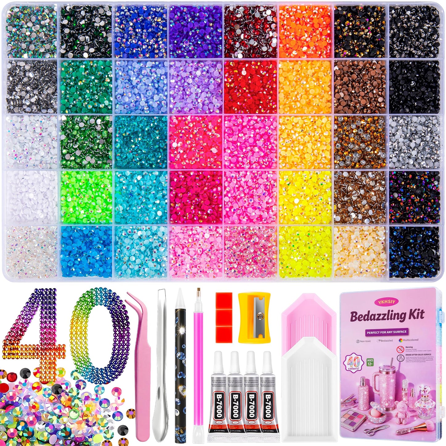 HotBedazzling Kit 48000Pcs 60 Colors Resin Jelly Rhinestones, Multicolor 3mm Flatback Gems for Diamond Art, Bedazzler Kit with 4Pcs 10ml B7000 Jewelry Glue & Tools - Christmas Birthday Gifts for Women