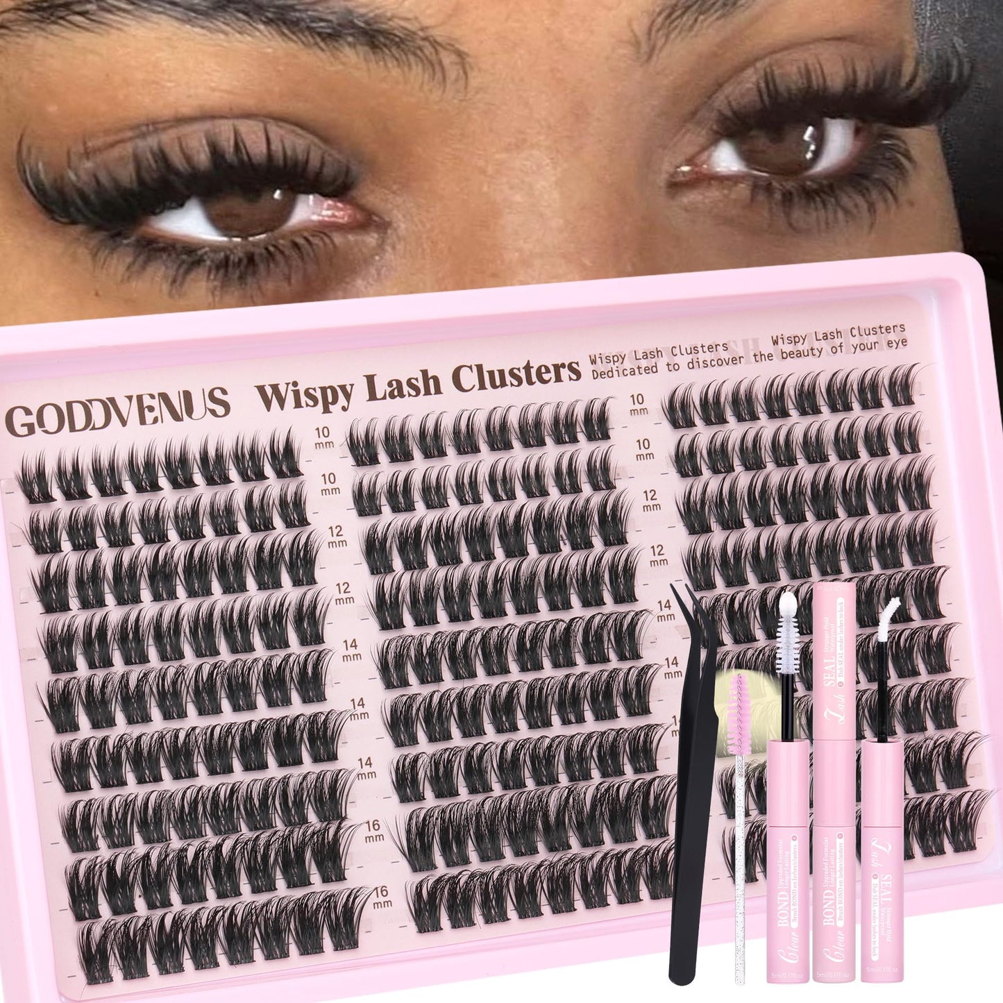HotGoddvenus Lash Clusters Kit Wispy Eyelash Clusters Lashes Natural DIY Lash Extension Kit 10-16mm Cluster Eyelash Extensions Kit 300pcs C Curl Individual Lashes Cluster Eyelash (With Tweezers)