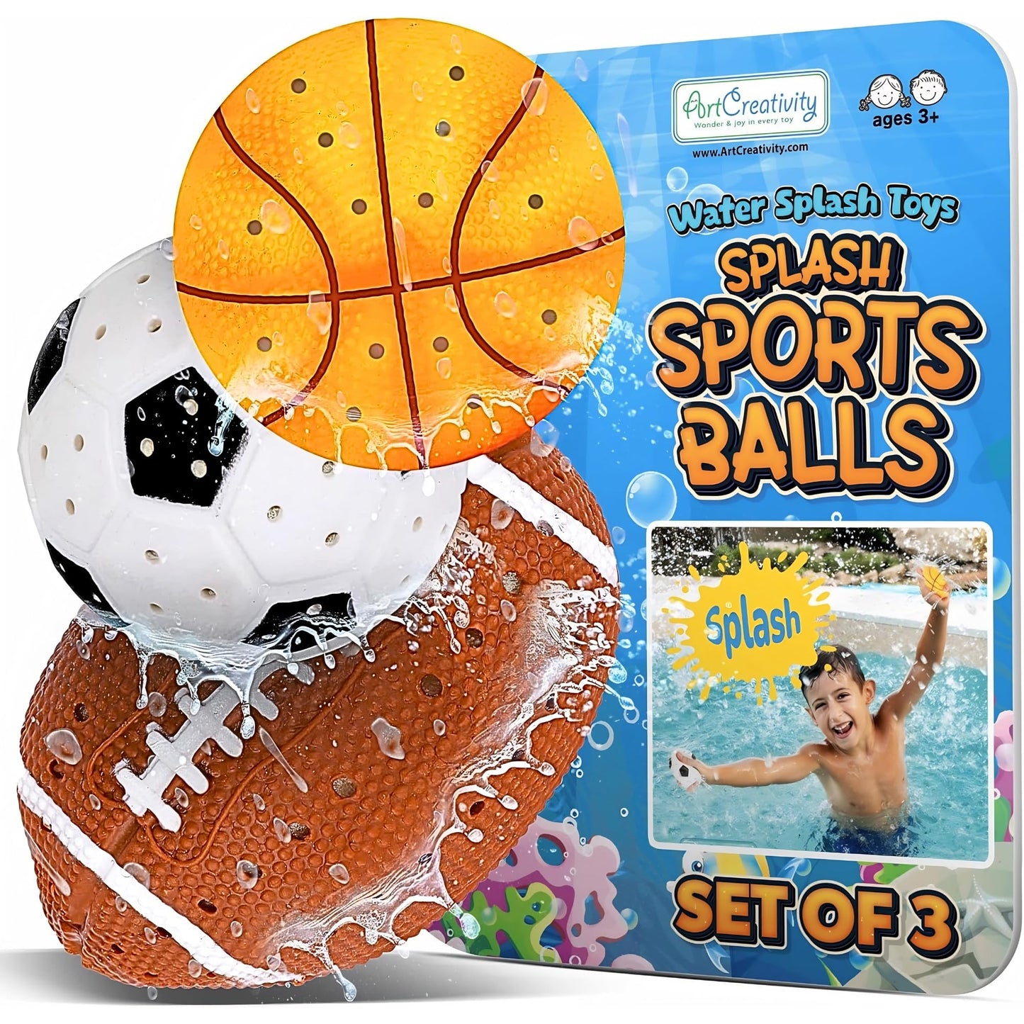 Hot ArtCreativity Pool Toys for Toddlers 1-3, Splash Sports Balls Water Toys, 3 Different Athletic Water Ball Designs Include Football, Basketball & Soccer Ball, Spongy Pool & Bath Toys for Kids Ages 4-8