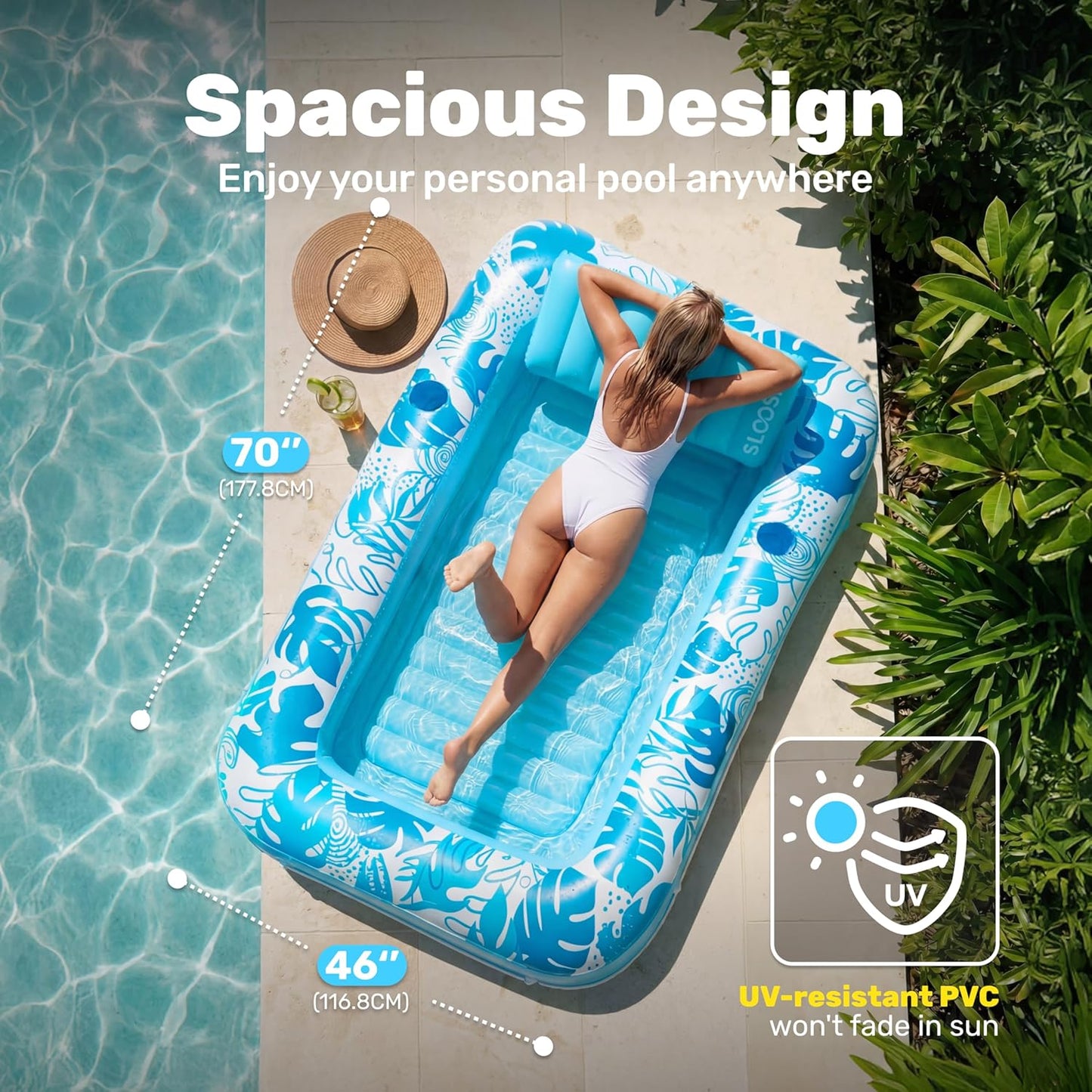 HotSLOOSH Inflatable Tanning Pool Lounger Float, 70" x 46" Pool Floats Adult with Pillow, 4 in 1 Suntan Tub Raft Floatie,Sunbathing Bed Lounge for Water Blow Up Kids Ball Pit Party Gifts, L-Blue