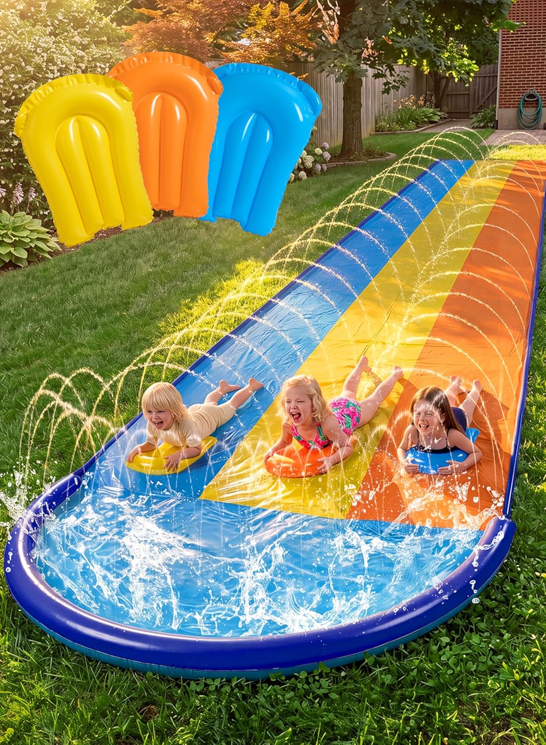 Hot Sloosh Triple Water Slide with 3 BodyBoards, 22.5FT Lawn Water Slip Splash Pad Slide Summer Toy with Build in Advanced Sprinkler for Kids Adults Backyard Summer Water Fun