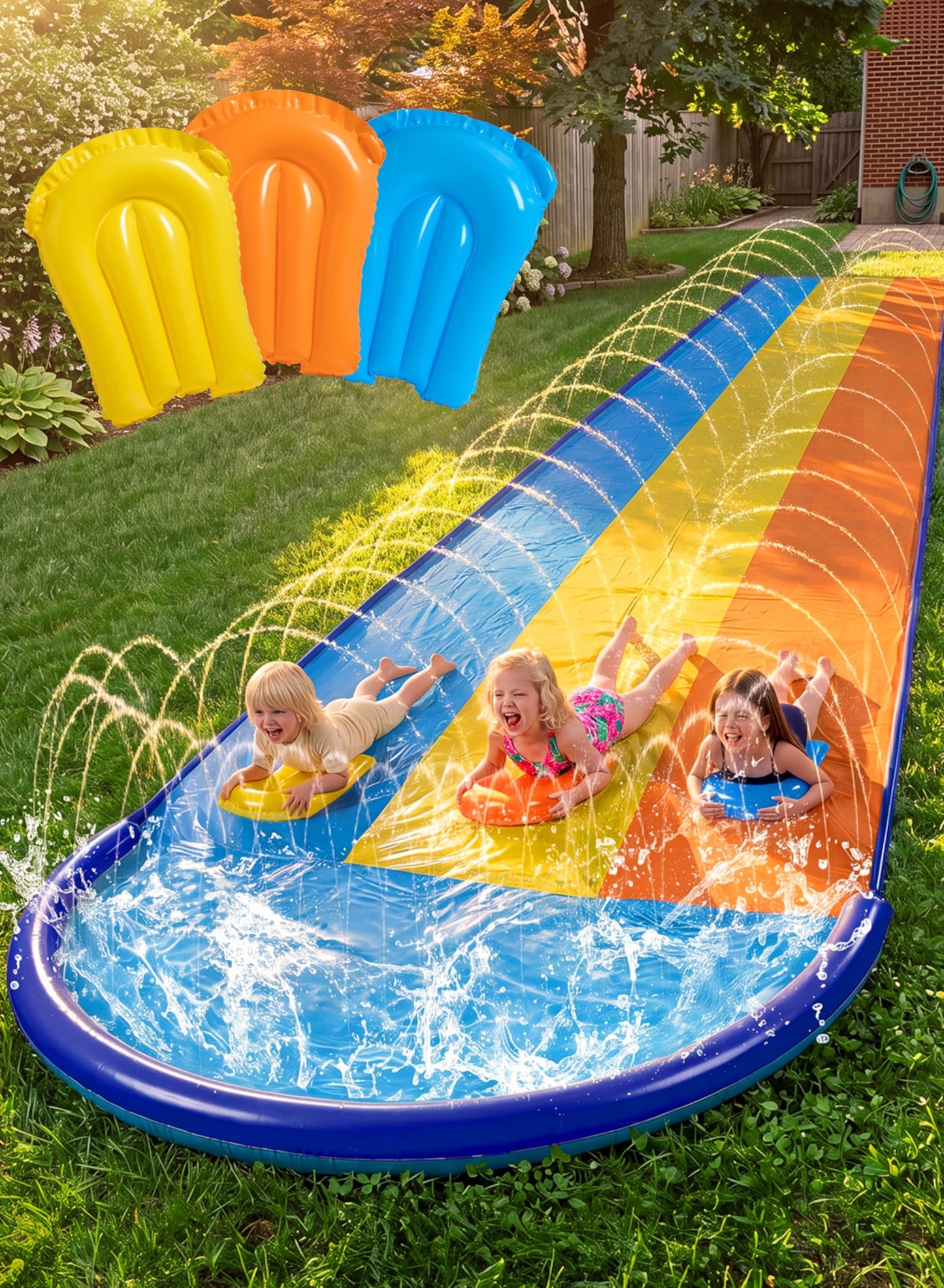Hot Sloosh Triple Water Slide with 3 BodyBoards, 22.5FT Lawn Water Slip Splash Pad Slide Summer Toy with Build in Advanced Sprinkler for Kids Adults Backyard Summer Water Fun