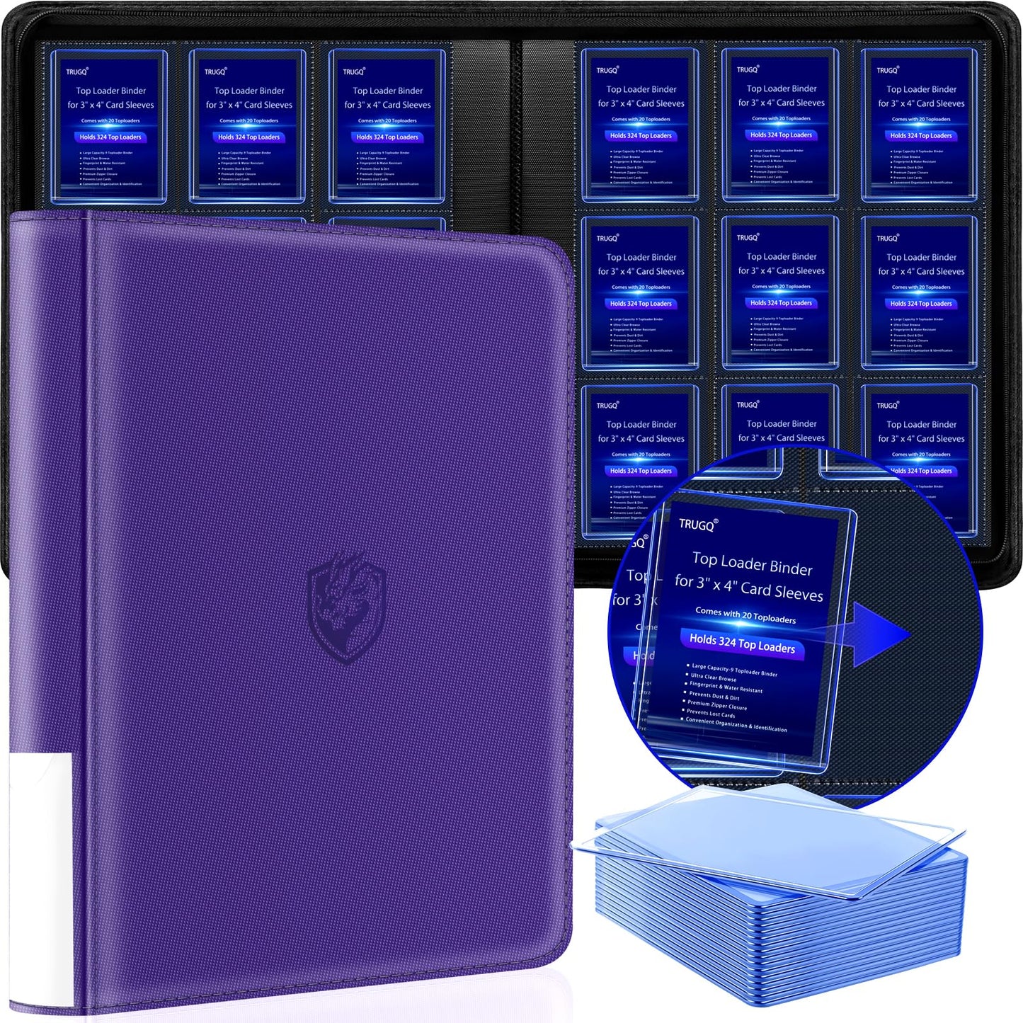 HotToploader Binder Holds 324 Toploaders - 20 Toploaders|Waterproof PU Leather + Anti-Yellowing PP Inserts | Ridge Tab Sorting Portable top loader binder for cards(For Sports/Game Cards)