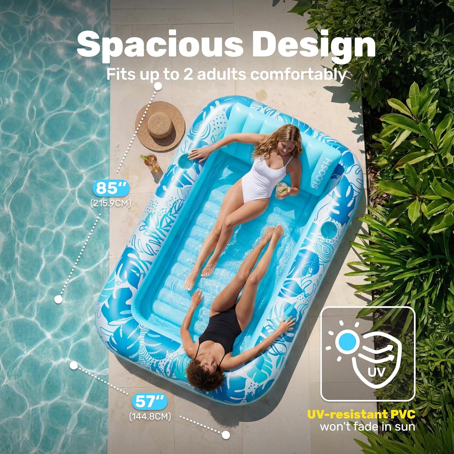HotSLOOSH Inflatable Tanning Pool Lounger Float, 85" x 57" Extra Large Pool Floats Adult with Pillow, 4 in 1 Suntan Tub Raft Floatie,Sunbathing Bed Lounge for Water Blow Up Ball Pit Party Gifts, XL-Blue