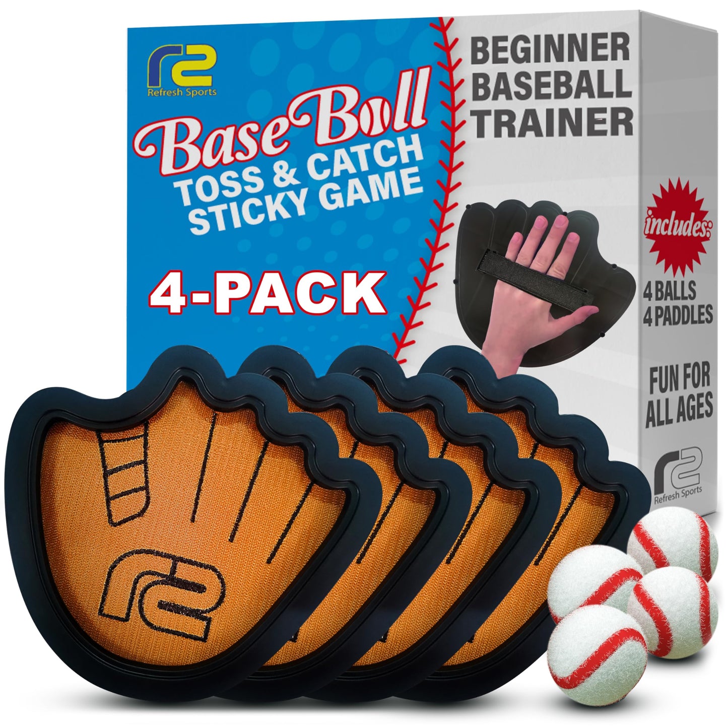 Hot Toss and Catch Ball Game Set - Easy to Use Sticky Balls & Beginner Baseball Training Glove - Premium Toy Paddle Fits All Hand Sizes From Toddlers to Teens & Adults - Fun Gift Idea for Boys and Girls