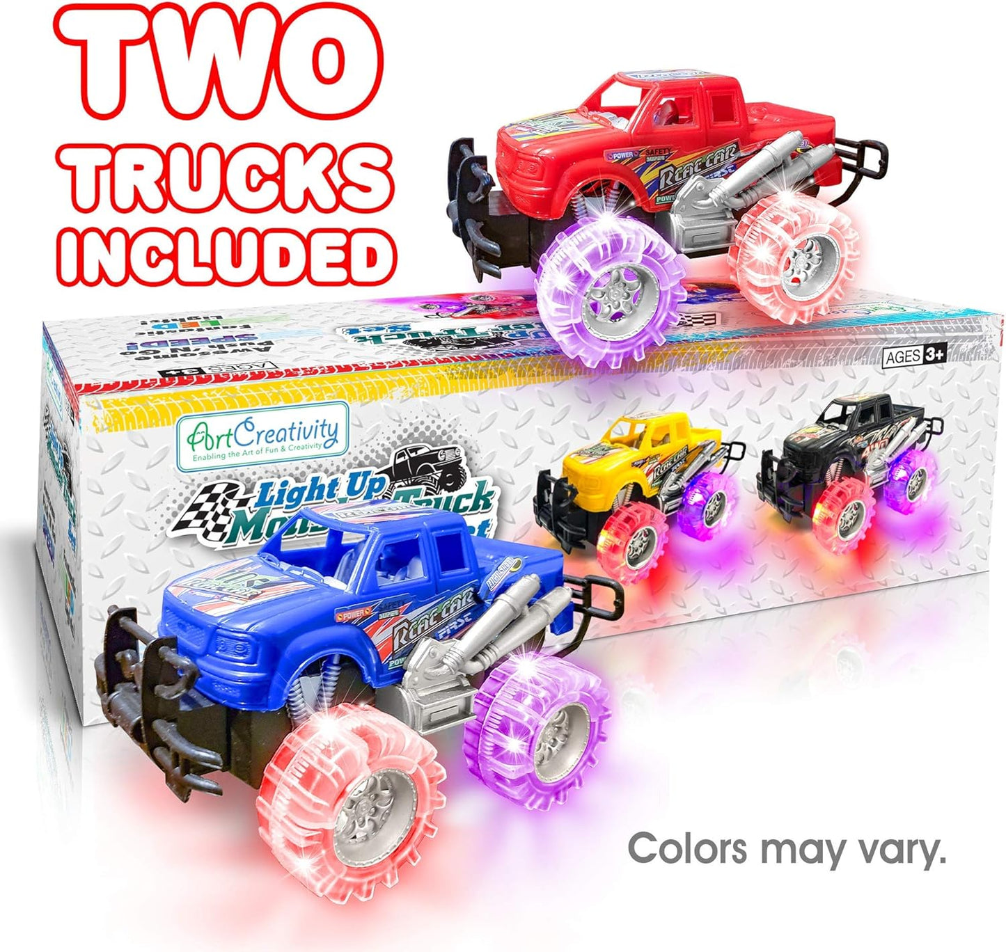 HotLight-Up Monster Truck Toys (2-Pack) – Push-&-Go Cars with Glowing Wheels – Birthday Gift for Toddlers, Boys & Girls Ages 3+ – Durable Friction-Powered Trucks – Batteries Included