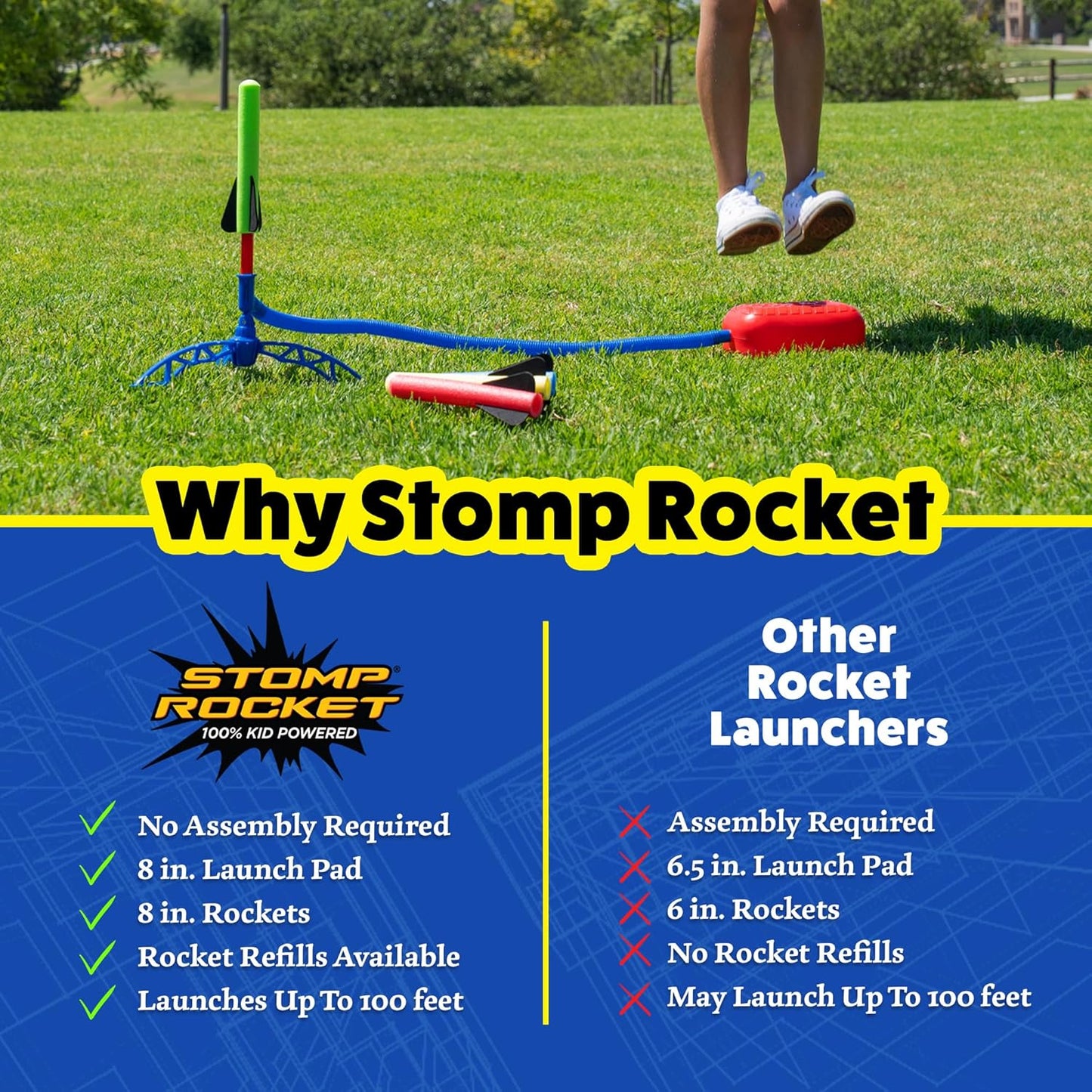 HotStomp Rocket Jr Glow Rocket Launcher for Kids, 4 Rockets - Glow in The Dark | Fun Outdoor Toys for Boys & Girls, Ages 3 & Up - Soft Foam Blaster Set Soars Up to 100ft - STEM Toys for Outside & Backyard