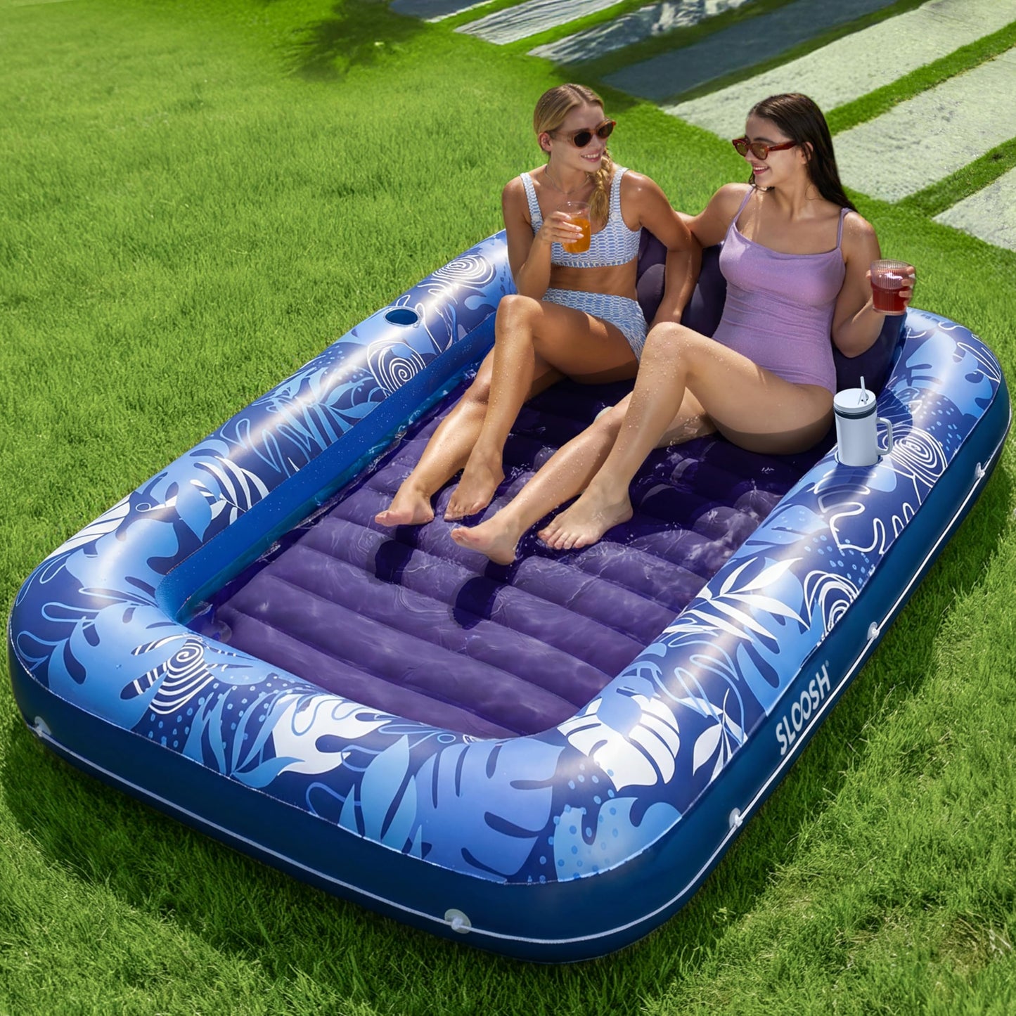 HotSLOOSH Inflatable Tanning Pool Lounger Float, 85" x 57" Extra Large Pool Floats Adult with Pillow, 4 in 1 Suntan Tub Raft Floatie,Sunbathing Bed Lounge for Water Blow Up Ball Pit Party Gifts, XL-Blue