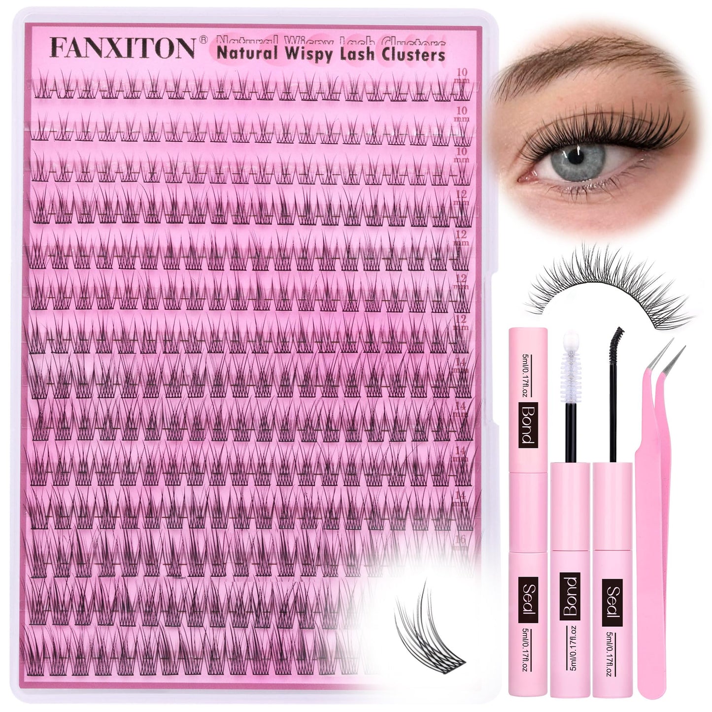 HotFANXITON DIY Individual Eyelash Extension Kit, Thick Volume Lash Clusters 40D+50D D Curvature, 280 Pieces Thin Band Cluster Lashes with Bond and Seal Tweezers