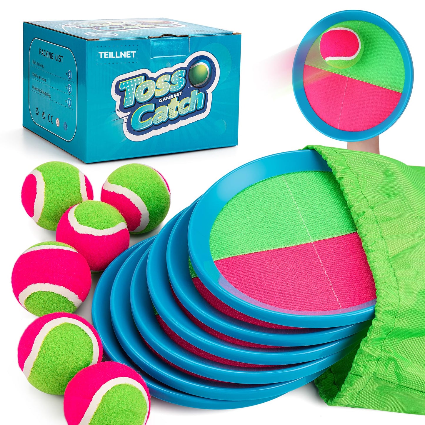 Hot TEILLNET Toss and Catch Ball Set Upgraded - Kids Toys Beach Toys Baseball Games - Sturdy & Water-Resistant for Outdoor Pool Yard Games - Classic Gift for Boys Girls 3 4 5 6 7 8 9 10 11 12+ Years