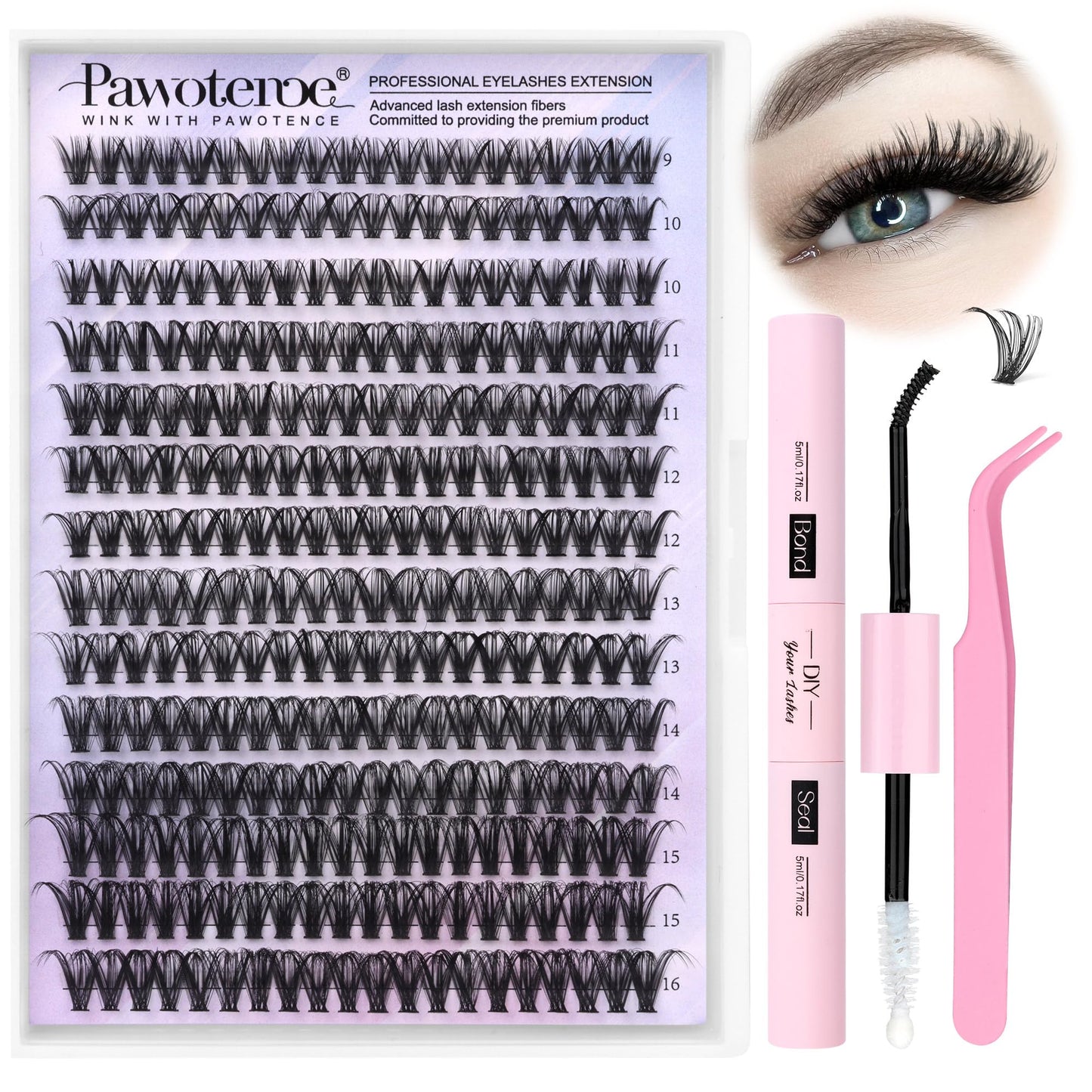 HotPawotence Lash Extension Kit DIY 280pcs Lash Clusters Eyelash Extension Kit, 9-16mm 30D 40D Individual Lashes Kit with Lash Bond and Seal, Lash Tweezers for Self Use (30D&40D, 0.07D, 9-16mm, Kit)