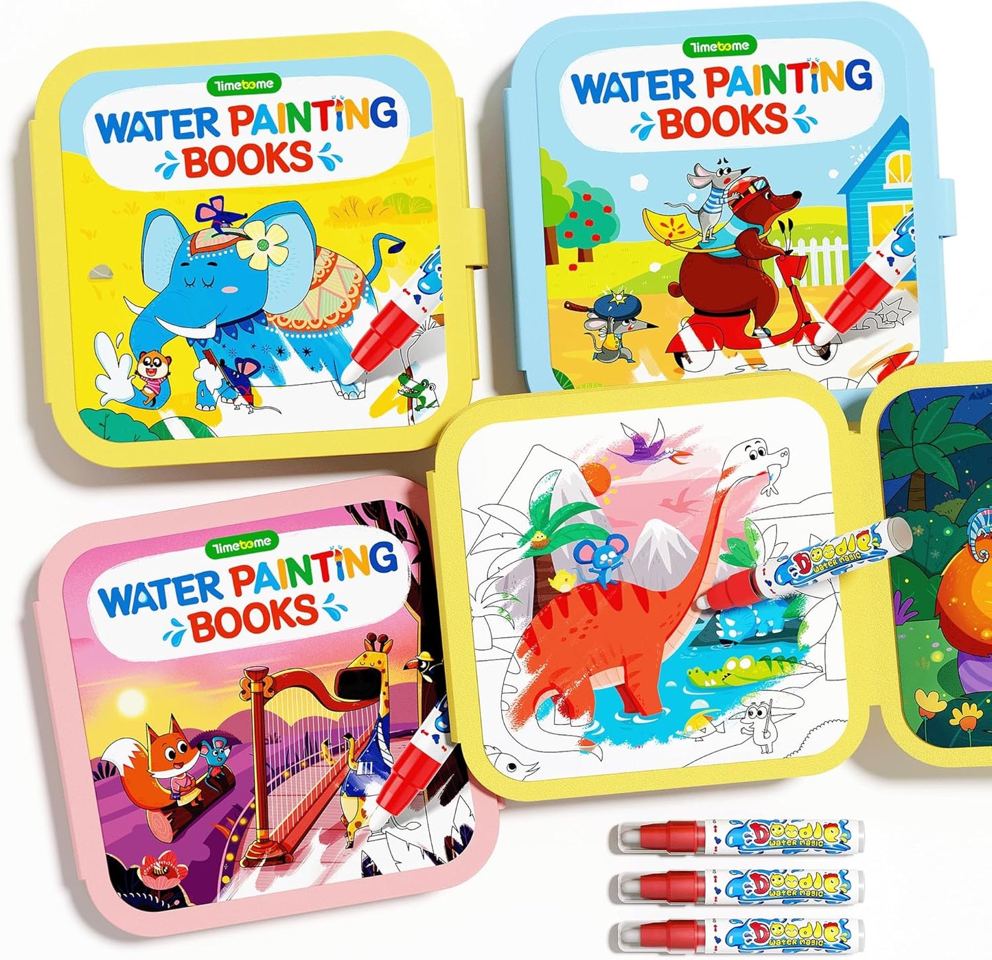 HotTimetome Reusable Water Painting Books for Kids – 3-Pack Magic Water Reveal Coloring Books with Water Pens (Fairy Tale, Animal & Dinosaur) No-Mess Coloring & Reusable Fun Travel Activity for Ages 3–6