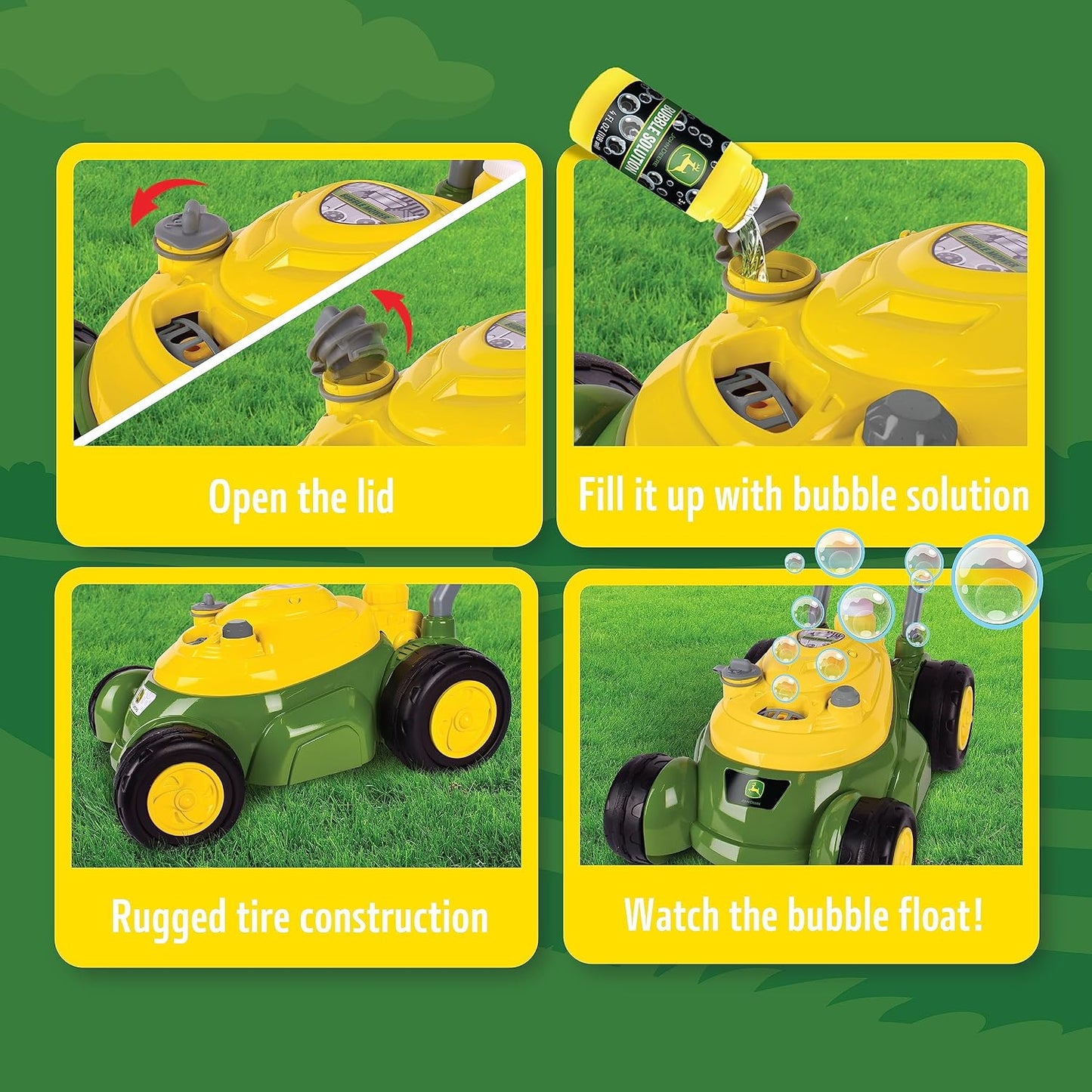 HotJohn Deere Bubble Lawn Mower for Toddlers, Bubble Blowing Machines, Indoor and Outdoor Gardening Toy, Birthday, Party Favor for Preschool Girls and Boys, No Batteries Required, 2+