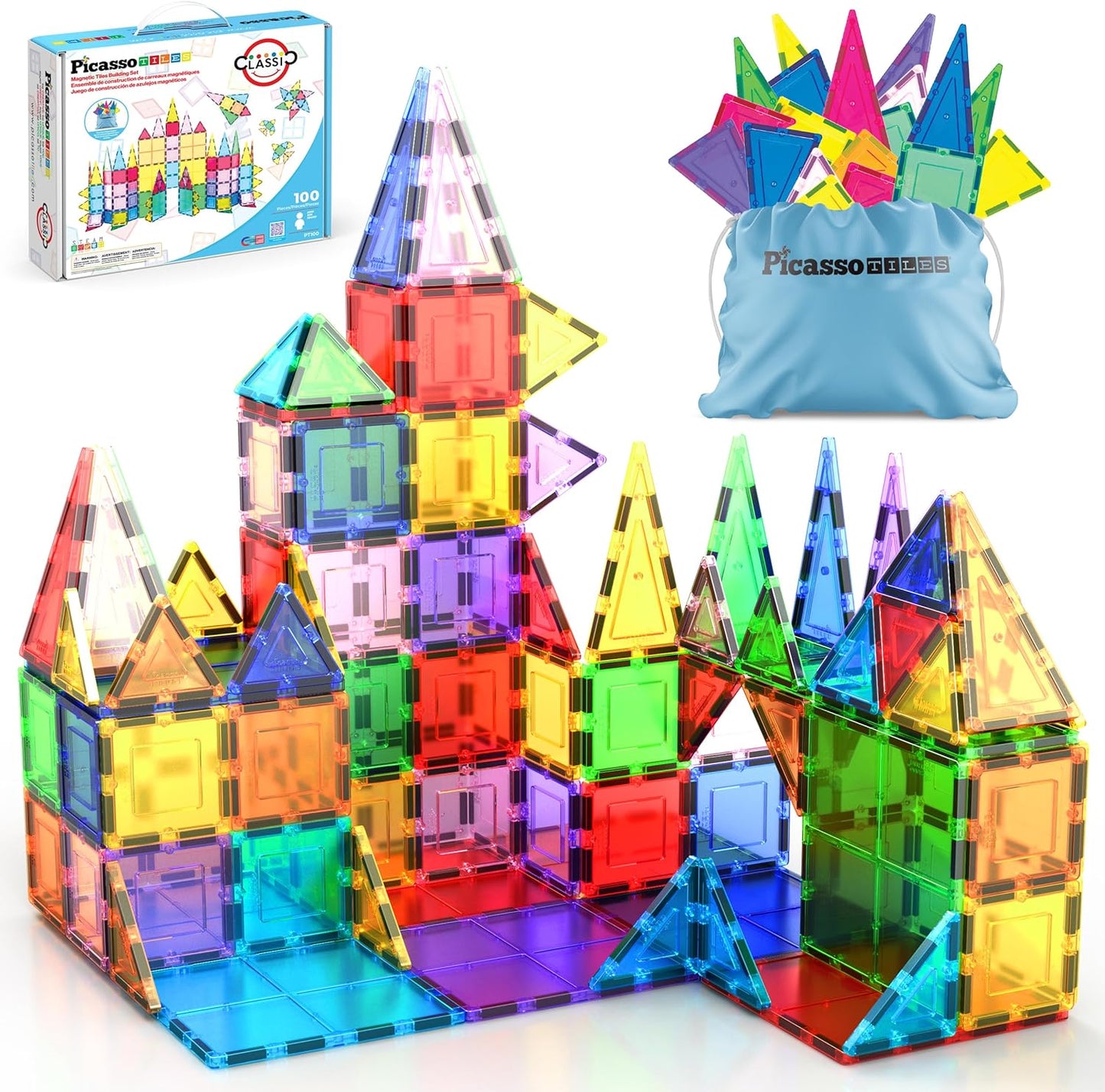 HotPicassoTiles 100 Piece Magnetic Tiles, Clear 3D Building Blocks for Kids 3+ | No-limit scalable builds, hands-on magnet polarity fun, family group play, quick assemble & store, shape & color recognition