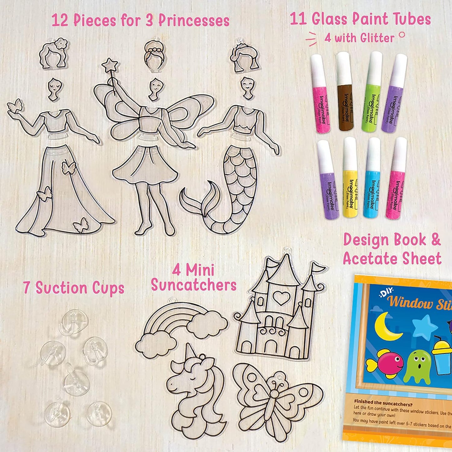 HotImagimake Window Art - Princess, DIY Mess-Free 16 Pieces Suncatcher Kit | Stained Glass Painting Craft Activity for Kids, Birthday Gift for Girls Ages 5,6,7,8,9,10,12 Years Old