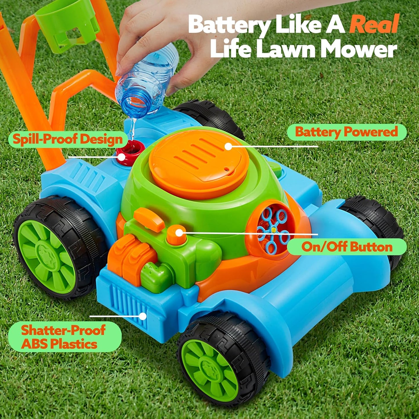 HotSLOOSH Bubble Lawn Mower Toddler Toys - Spill-Proof Bubble Machine Pretend Gardening Play Toy for Age 1 2 3 1-3 Year Old Baby Boys Indoor Outdoor Use, Summer Birthday Gifts (Blue)