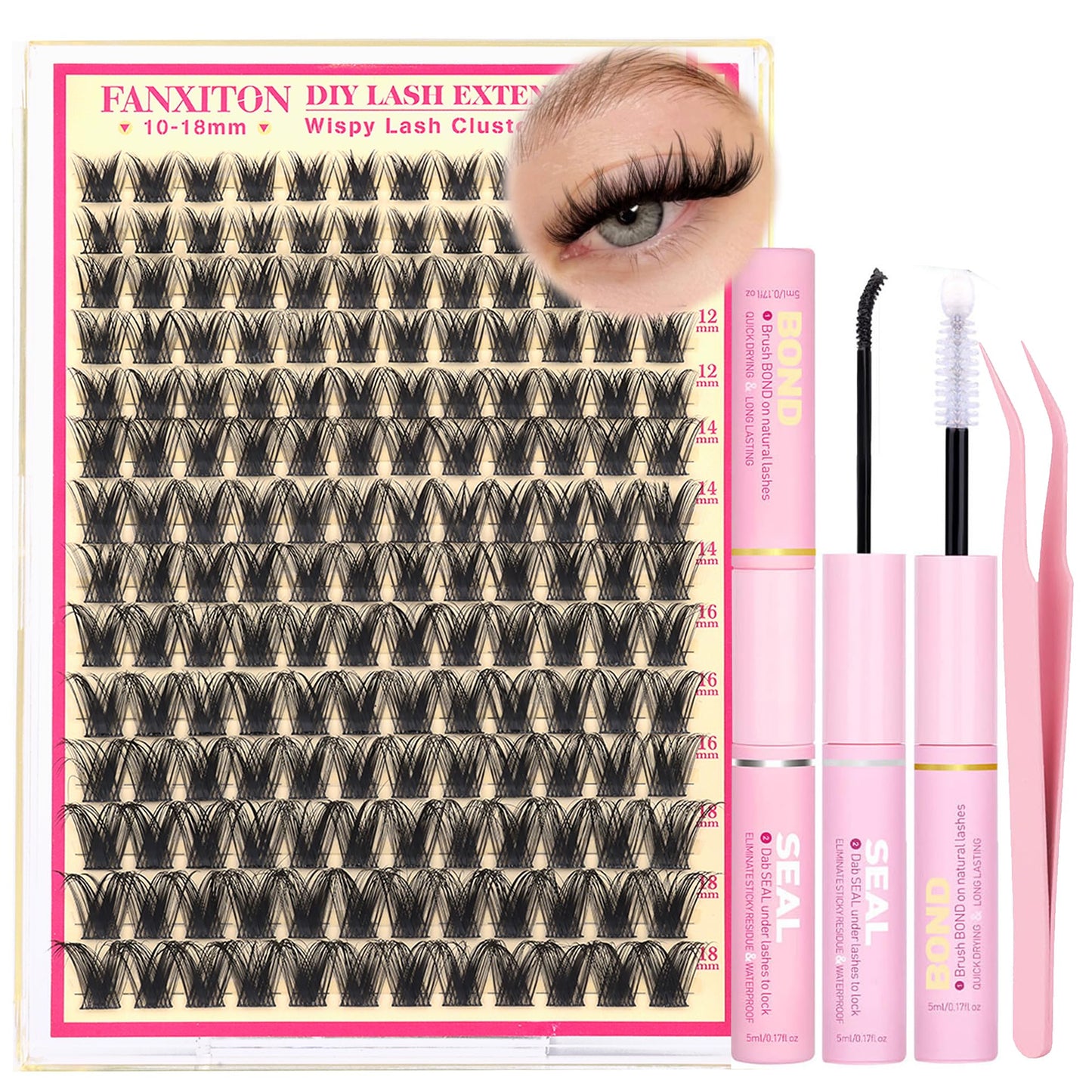 HotFANXITON DIY Individual Eyelash Extension Kit, Thick Volume Lash Clusters 40D+50D D Curvature, 280 Pieces Thin Band Cluster Lashes with Bond and Seal Tweezers