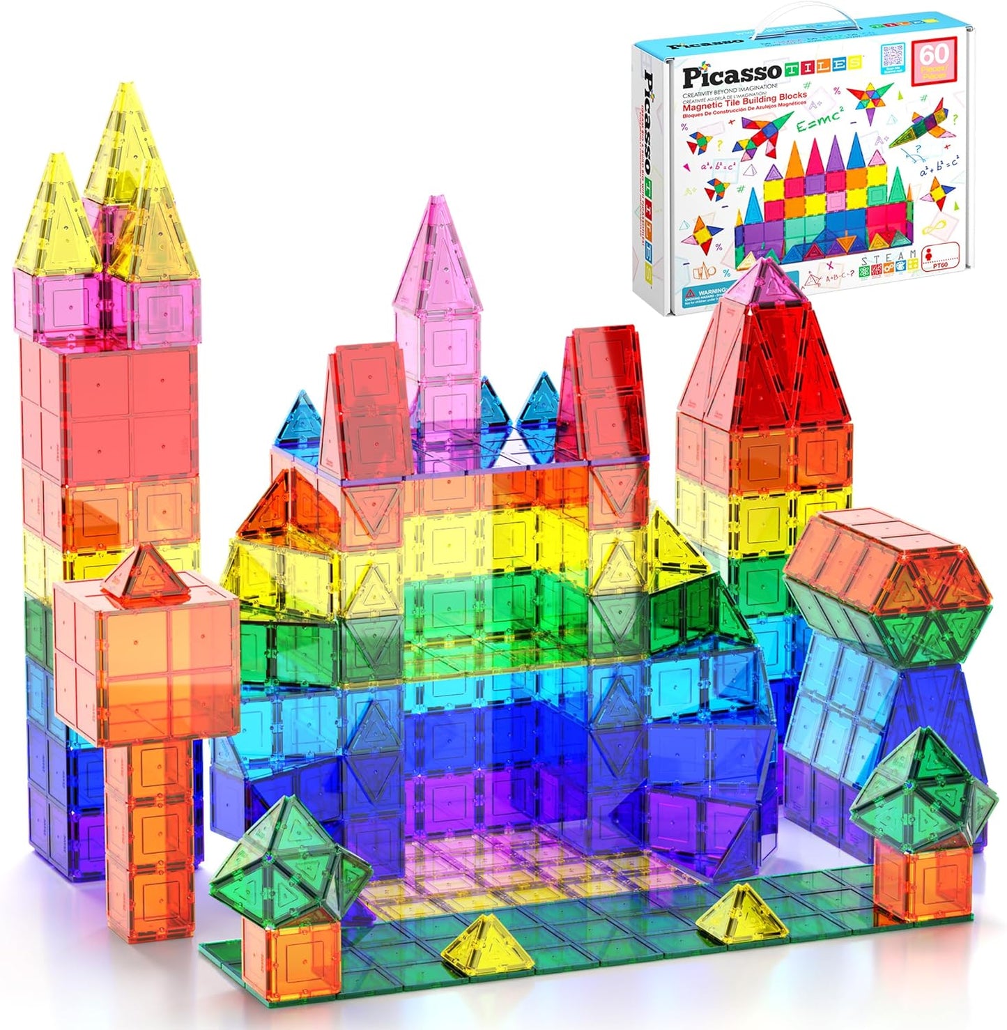 HotPicassoTiles 60 Piece Magnetic Tiles Clear 3D Building Blocks STEM Ages 3+ | Montessori sensory learning, easy small-hand grip, multiplayer group play fun, preschool classroom gifting, smooth safe edges