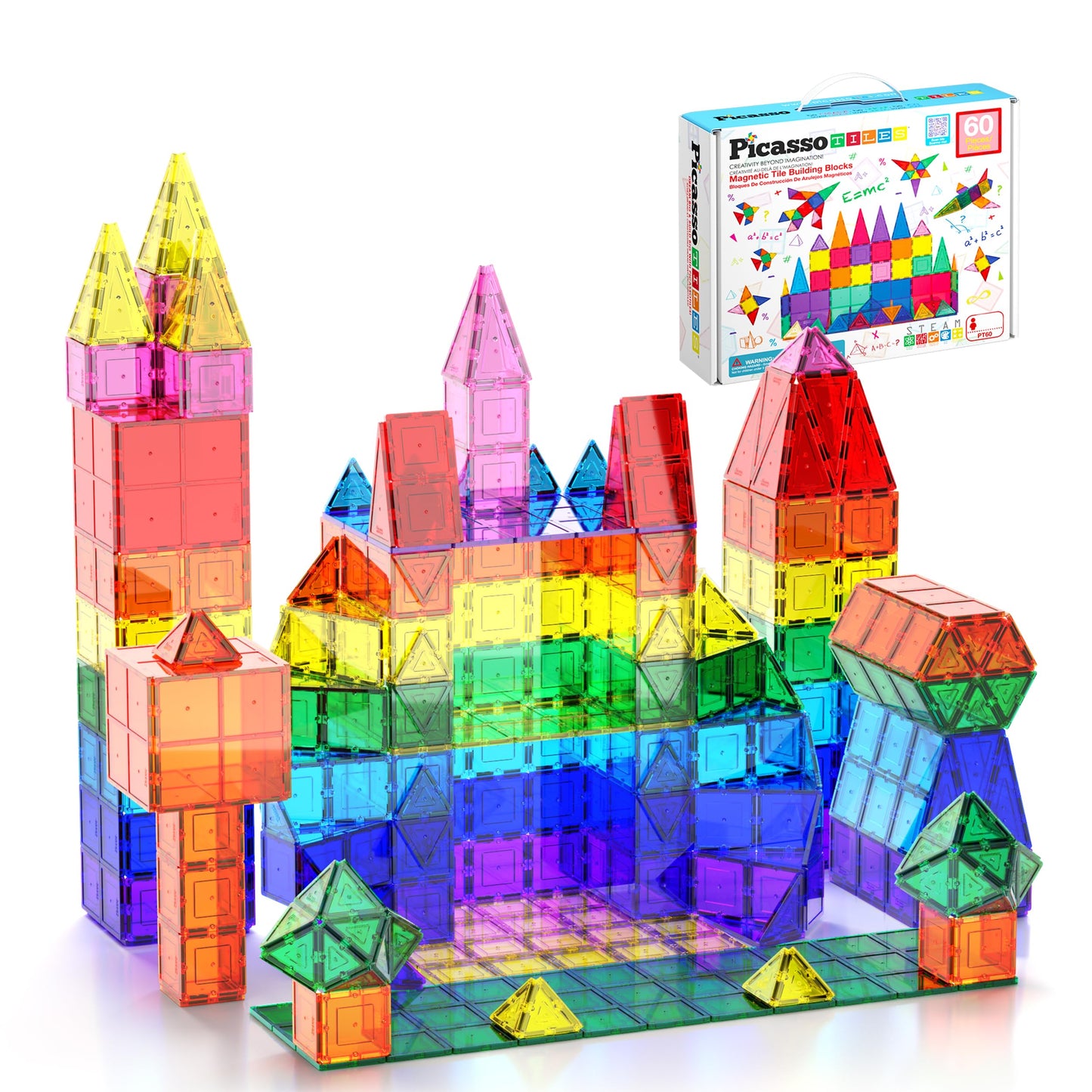HotPicassoTiles 60 Piece Magnetic Tiles Clear 3D Building Blocks STEM Ages 3+ | Montessori sensory learning, easy small-hand grip, multiplayer group play fun, preschool classroom gifting, smooth safe edges