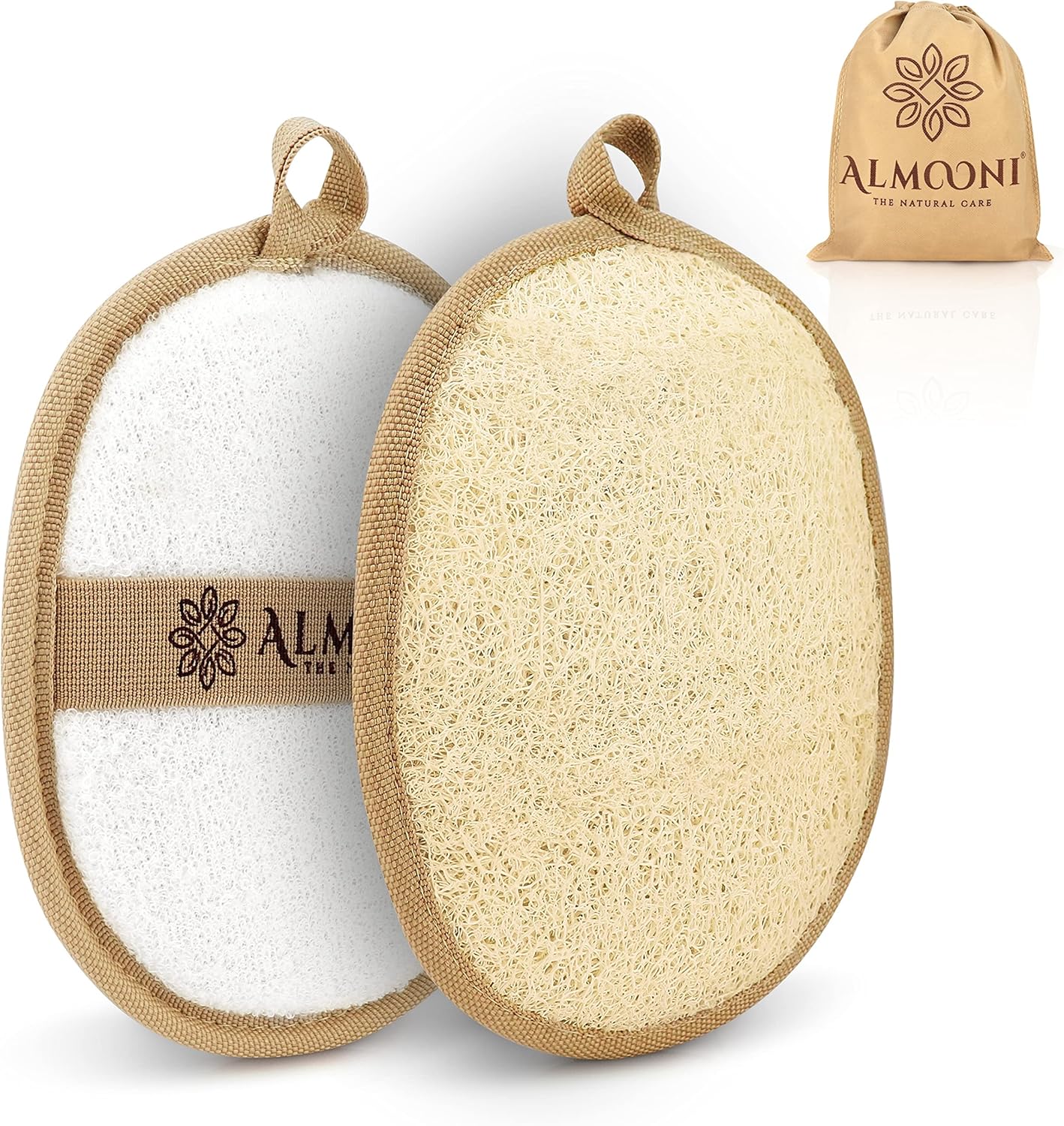 HotAlmooni Natural Loofah Exfoliating Body Scrubber, Made with Natural Egyptian Shower Loofah Sponge, Bath Shower Loofah Sponge for Women and Men, for Face and Body That Gets You Clean - 2 Count (1 Pack)