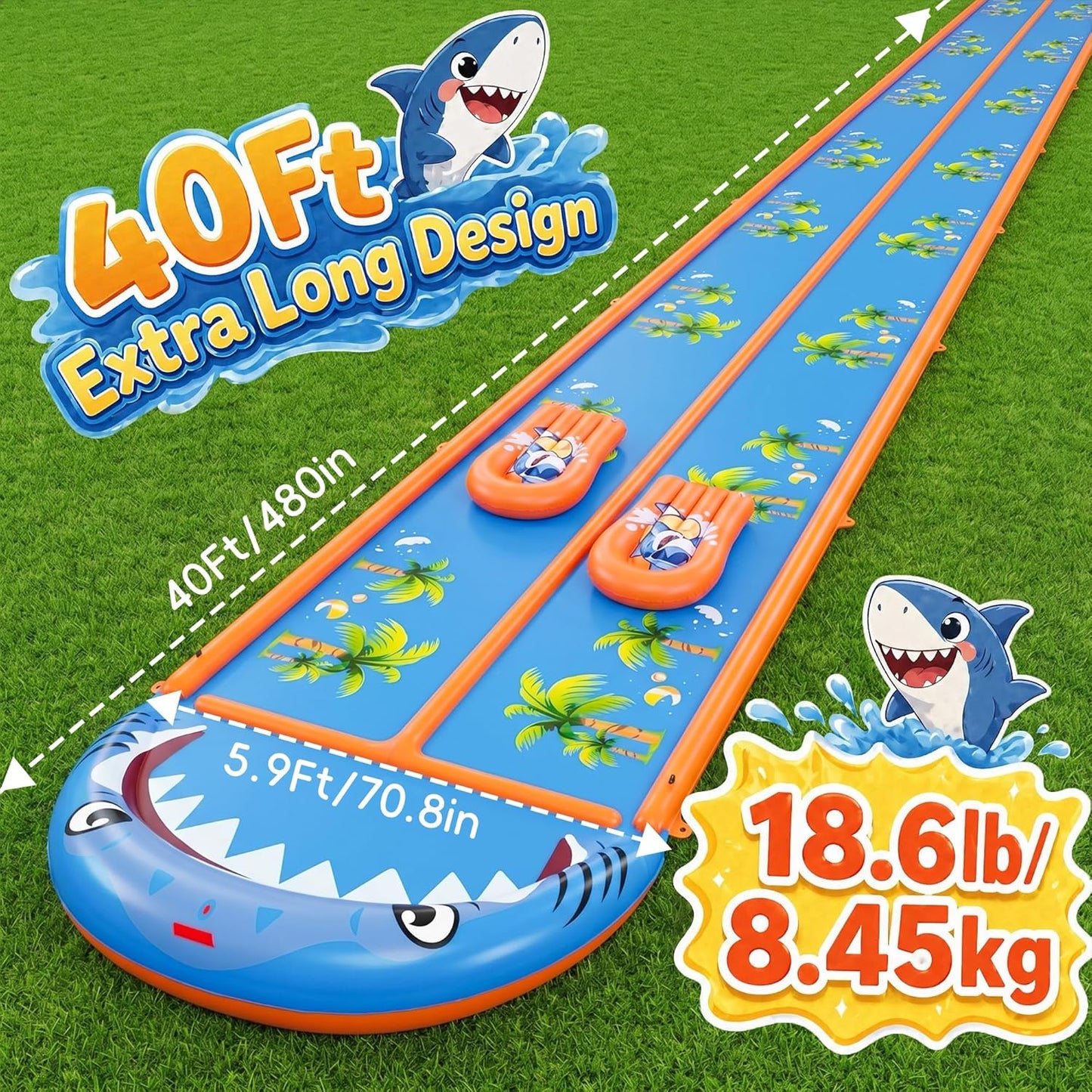 Hot40×5.9FT Heavy Duty Slip and Slide with Sprinkler and 2 Boards, Water Slide for Adults with 3-Way Water Sprinkler, Giant Slip n Slide for Outdoor Backyard Lawn Kids Teens and Adults (Blue&Orange)