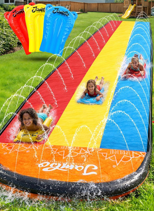 HotJAMBO Premium Triple Water Slide with 3 Bodyboards, 20Ft Heavy Duty Slip Splash and Slides-Advanced 3-Way Sprinkler System, Splash Pad Mat Backyard Summer Outdoor Water Toys n Long Slides for Kids