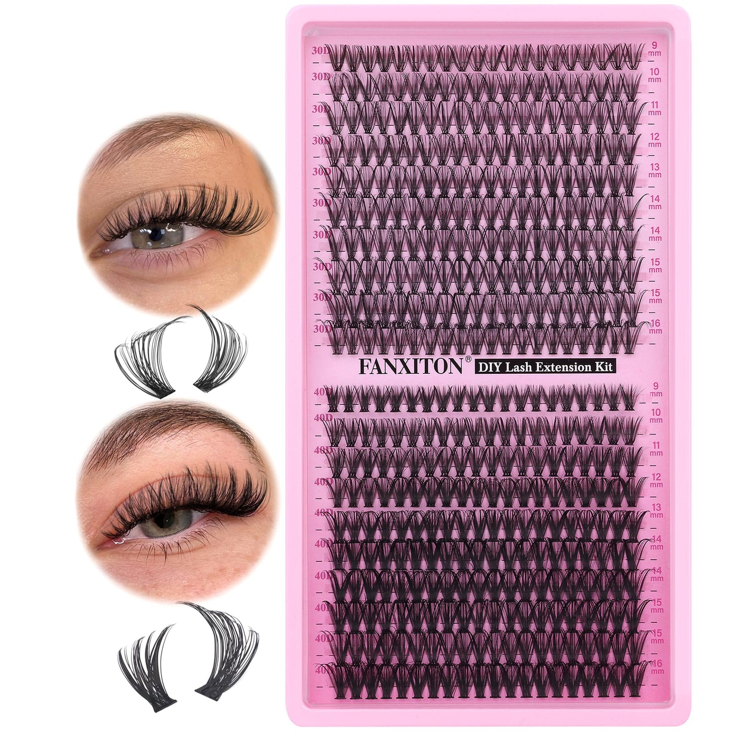 HotFANXITON DIY Individual Eyelash Extension Kit, Thick Volume Lash Clusters 40D+50D D Curvature, 280 Pieces Thin Band Cluster Lashes with Bond and Seal Tweezers