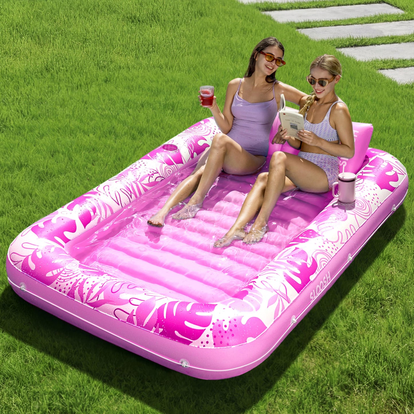 HotSLOOSH Inflatable Tanning Pool Lounger Float, 70" x 46" Pool Floats Adult with Pillow, 4 in 1 Suntan Tub Raft Floatie,Sunbathing Bed Lounge for Water Blow Up Kids Ball Pit Party Gifts, L-Blue