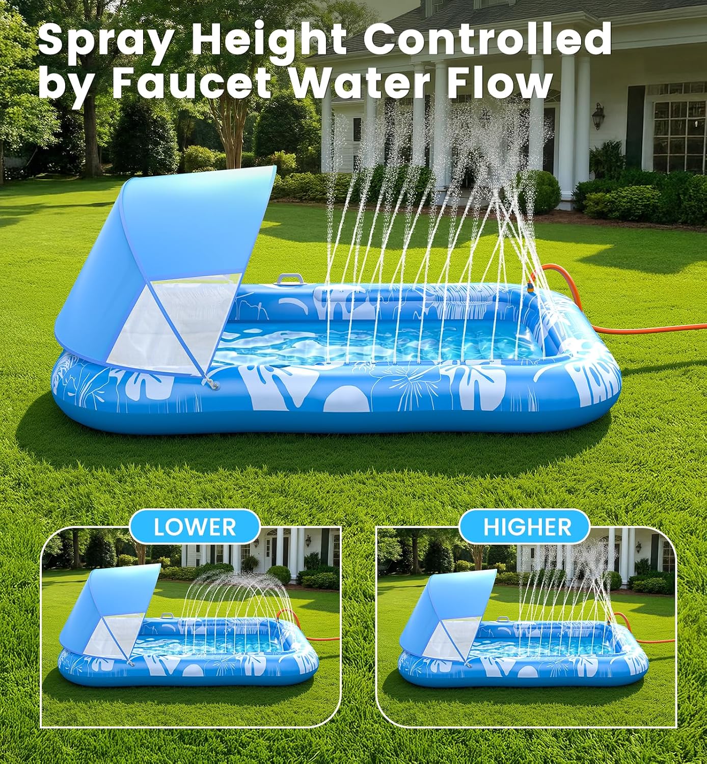HotInflatable Tanning Pool Lounger Float with Sprinkler & Canopy UPF50+, 77" x 48" Extra Large Tanning Pool Float for Adults, Sunbathing Water Lounge Bed with Pillow & Cup Holder for Backyard & Pool