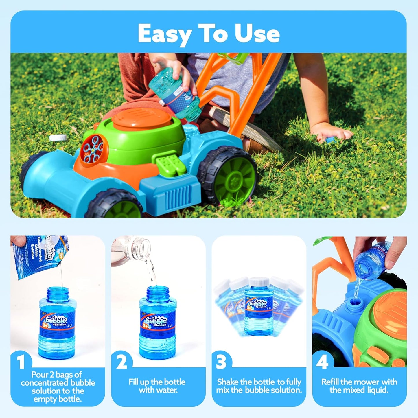 HotSLOOSH Bubble Lawn Mower Toddler Toys - Spill-Proof Bubble Machine Pretend Gardening Play Toy for Age 1 2 3 1-3 Year Old Baby Boys Indoor Outdoor Use, Summer Birthday Gifts (Blue)