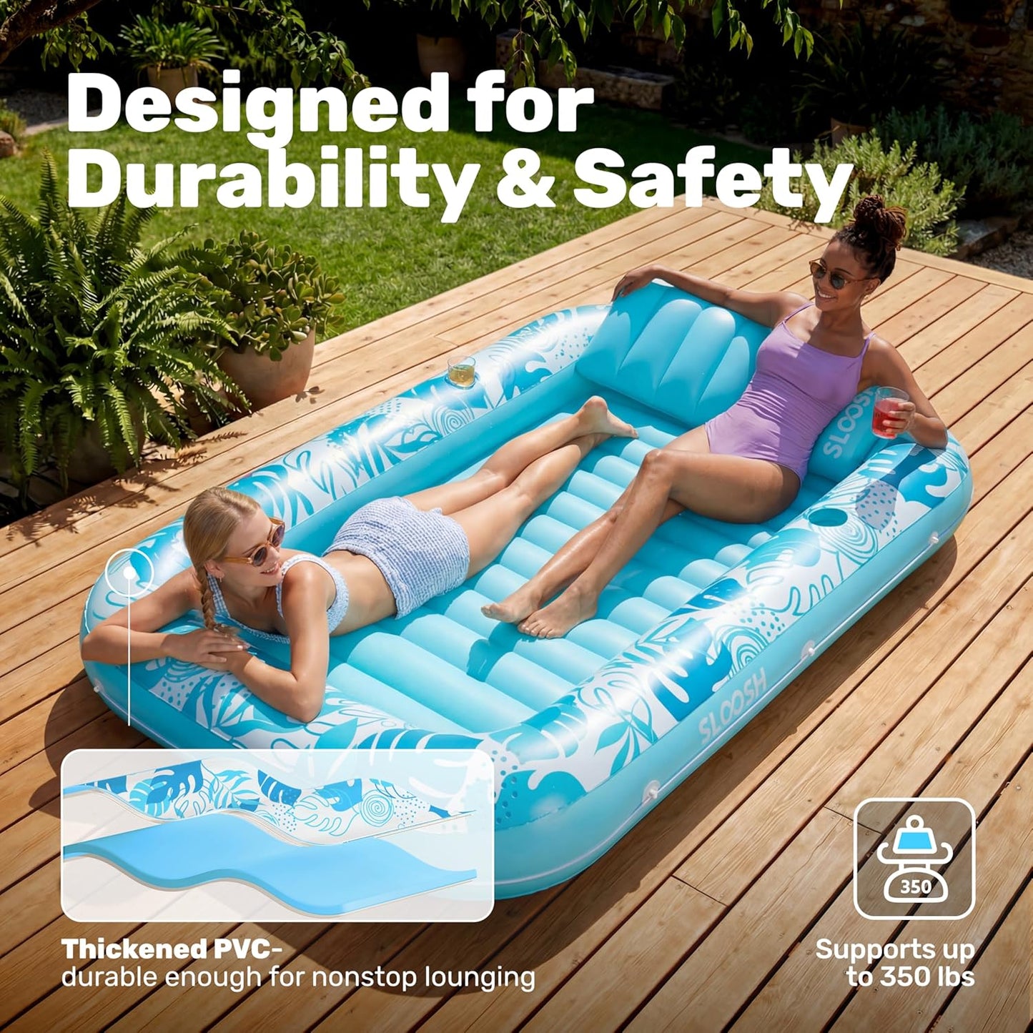 HotSLOOSH Inflatable Tanning Pool Lounger Float, 85" x 57" Extra Large Pool Floats Adult with Pillow, 4 in 1 Suntan Tub Raft Floatie,Sunbathing Bed Lounge for Water Blow Up Ball Pit Party Gifts, XL-Blue