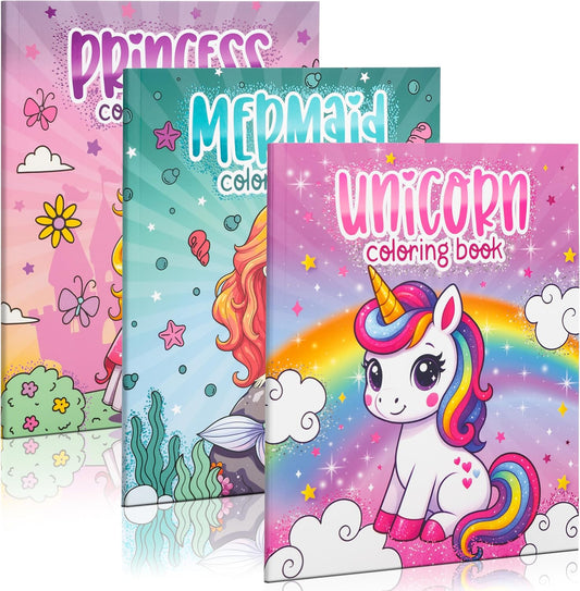 HotFun Coloring Books for Kids Set of 3 - Cute Princess, Unicorn & Mermaid Coloring Book for Girls Ages 4-8 - Easy to Color Toddler Gift for Travel w Magical Themes for Your Creative Little Princess 1-3